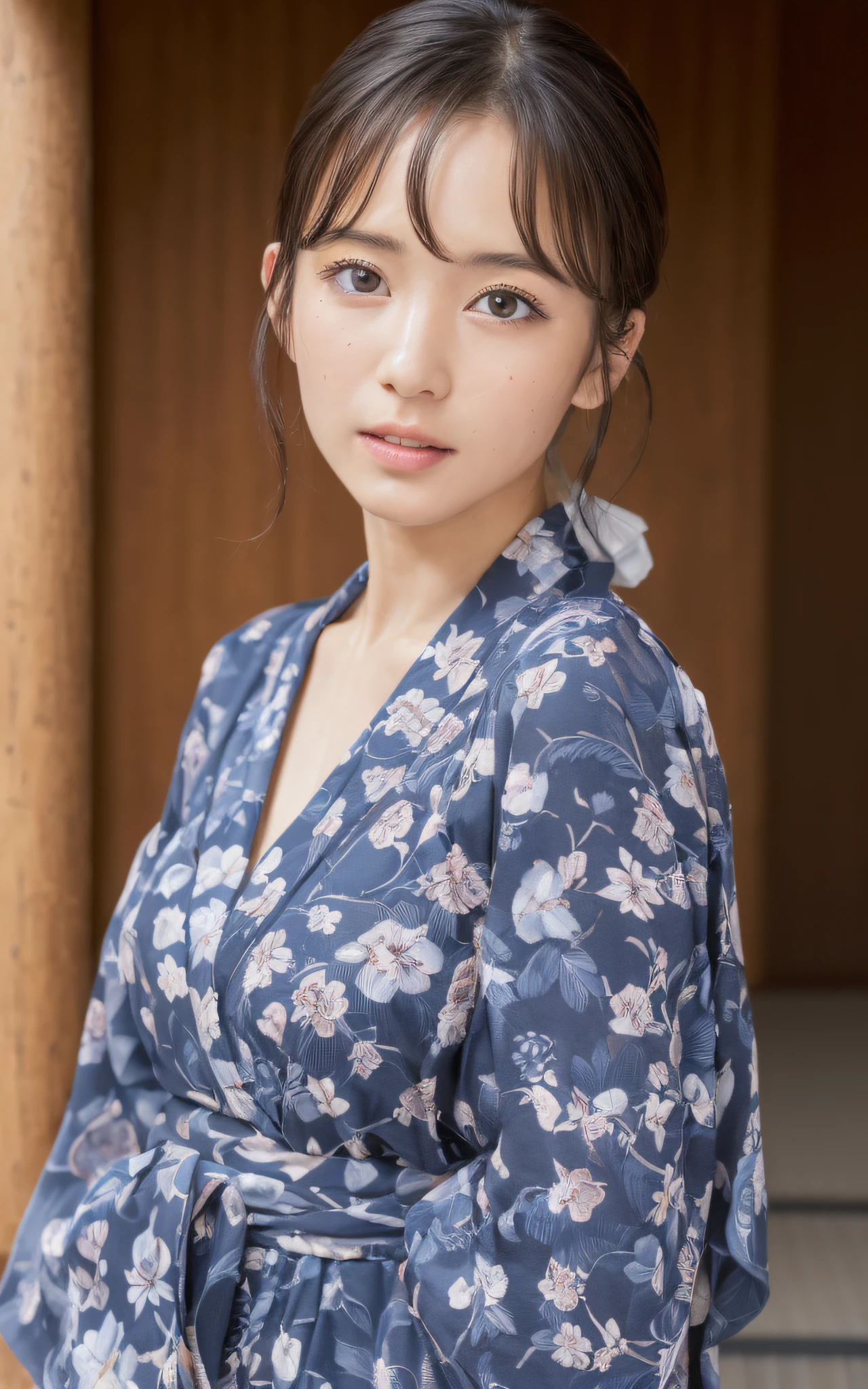 ((of the highest quality, 8K, masutepiece: 1.3)), Beauty, 1 Japan Girl, Big: 1.3, dark brown hair, (Open legs: 1.2), detailed face, very detailed lips, Detailed eyes, Double eyelids, open yukata, Sweaty skin: 1.2, ((from above: 1.5))