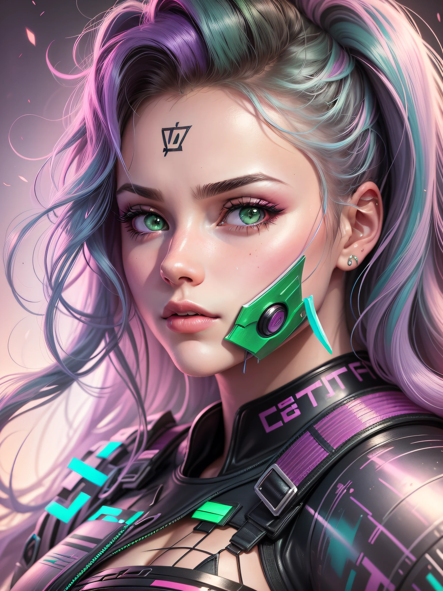 'Close up portait beautiful girl, prated hair, green eyes, in modern fighting costume, hyper realistic, pastel colors, complementary colors, soft colors, vibrant colors, dramatic colors, vaporwave, retrowave, black and white, colorfull, artochrome, highly detailed, 4K'