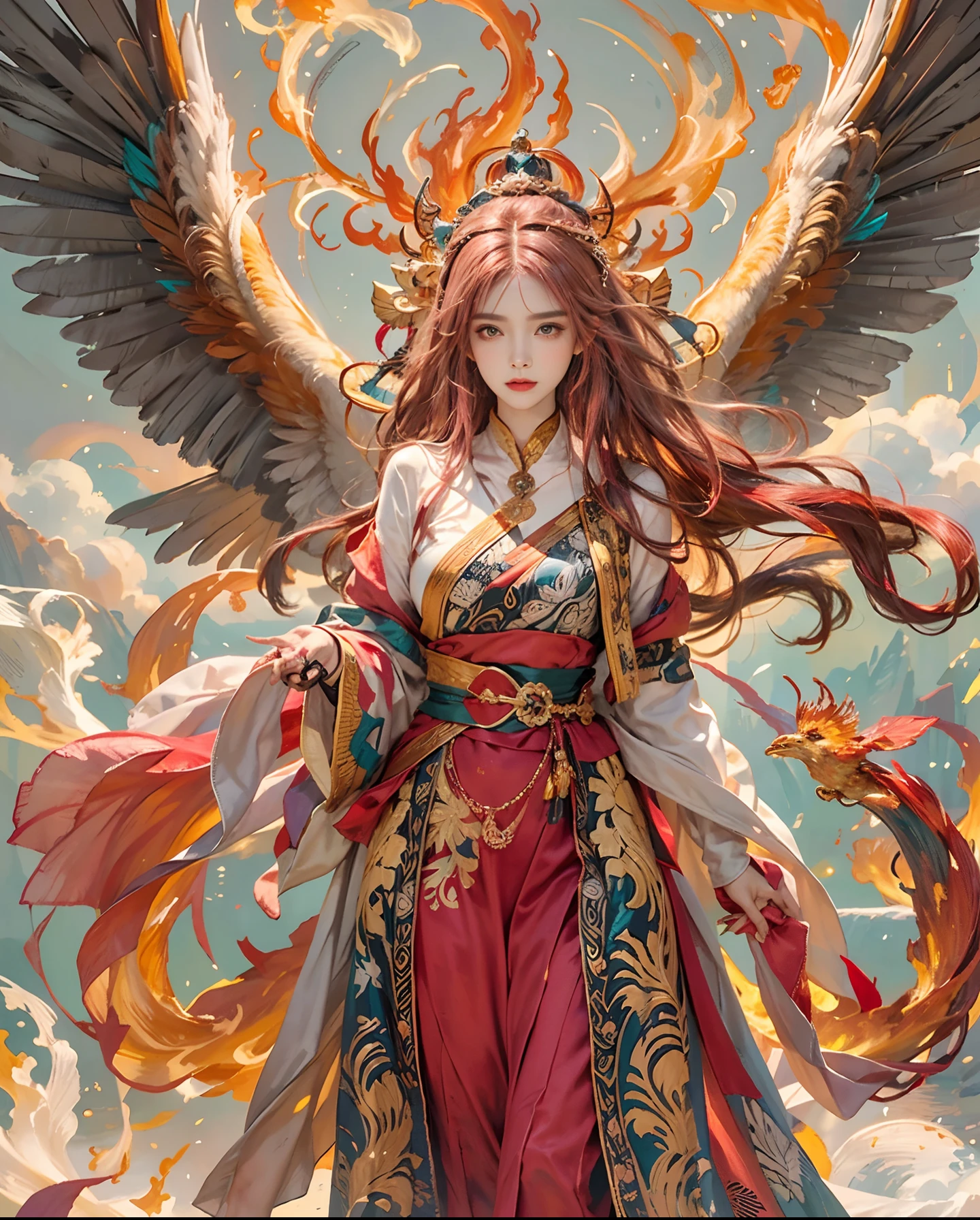 Official art、Flame Wizard、Fire Priestess、Beautiful woman in red ugly robes with open breasts、PerfectNwsjMajic,(masterpiece、top-quality、top-quality、Official art、Beautifully Aesthetic:1.2)、(1girl in)、ighly detailed、colourfull、highestdetailed、Official art、Unity 8k壁纸、ultra-detailliert、Beautifully Aesthetic、Beautiful face in detail、masterpiece、top-quality、(Zentangle、a Mandala、Tangles、Entanglement)、Sacred Flame、pure、There are also resilient messages, Overcoming and hope. Breasts are small and B size、A slender、The chest is open、Eyes are double(A detailed eye), Beautifully detailed、Hair that flutters in the wind、Maroon Gradient Hair Color、Hair is red、high-heels、Gold Anklet、Phoenix in the background、Beautiful girl who can follow the big firebird、A big firebird behind her protects her、She walks in a sea of fire