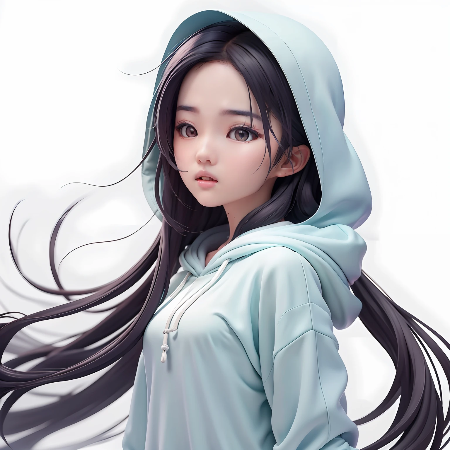 liuyifei,  with up hair, medium long shoulder-length hair, hooded sweatshirt, clean and light background, upper body,