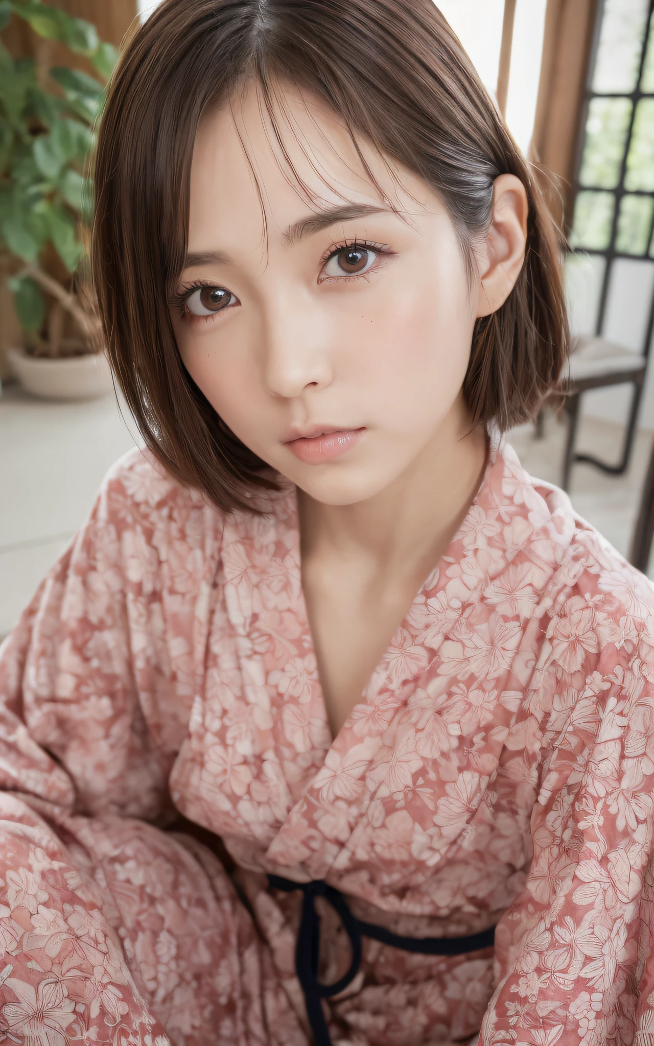 (Red Yukata:1.4),
((highest quality, 8k, masterpiece: 1.3)), Perfect body beauty: 1.4, (Breast A cup:1.2), Small breasts, Round shaped breasts, Perfectly shaped breasts, Highly detailed face, Beautiful woman, (Dark brown shortcuts), Slim face, Highly detailed face and skin texture, Highly detailed lips, (Realistic:1.4),

((24-years-old, A sexy and beautiful hostess:1.2)),

((Narrow Japanese-style room, Shoji screen, Squatting on a white bed, She starts taking off her clothes one by one., See-through underwear, I can see your beautiful thighs, Manicured pubic hair:1.7)),
((Sexy atmosphere, hold out your lips, Feeling it when it is inserted into the female genitals, A sigh escapes, Disheveled Hair, Hold your chest with your hands)),

((Dark room, Lantern:1.2)), 
((Squint your eyes)), 
((purse your lips:1.2)),
((Blushing:1.2)),
((Open your mouth a little to show your white teeth)), 
((Small breasts,Flat Chest:1.2)),

Narrow shoulders, Long, slender legs, Thin waist, 
Ultra-detailed skin, Glossy Skin, Ultra detailed face, Ultra detailed breasts, 
Ultra-detailed eyes, Slit eyes, Brown eyes, double eyelid, Beautiful thin eyebrows, Thin, long eyelashes, 
Ultra-detailed lips, Fuller lips, Glossy pink lips, Flushed Cheeks, White teeth, 
Beautiful actress&#39;s languid make-up, Pink lipstick, Smoky eyeshadow, Eye foundation, 
Dark brown hair, Delicate and soft hair, Hair blowing in the wind, 
(Elegant curly hair, short hair, Straight Hair:1.5), Layered Cut, (Blunt bangs:1.2),
