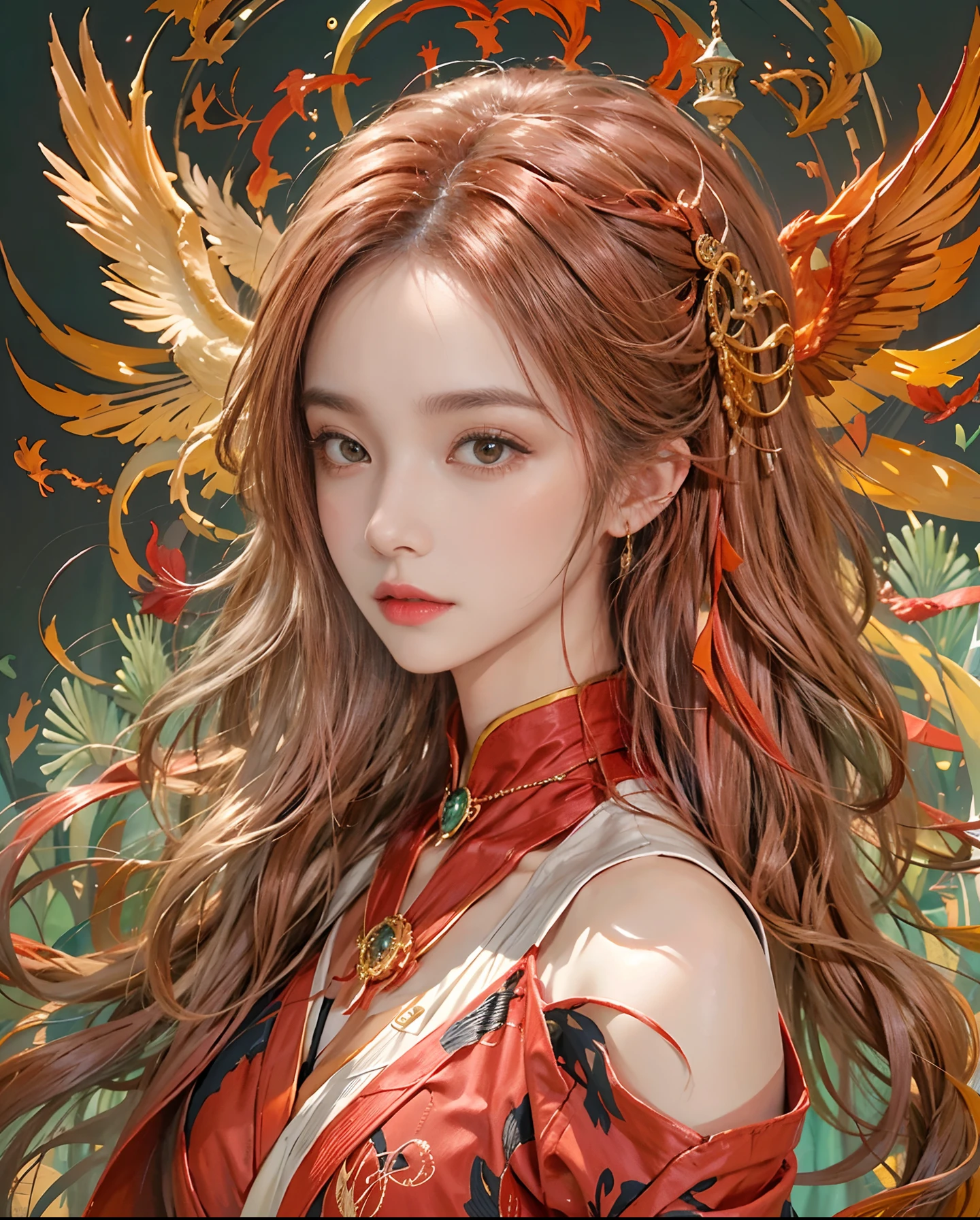 Official art、Flame Wizard、Fire Priestess、Beautiful woman in red ugly robes with open breasts、PerfectNwsjMajic,(​masterpiece、top-quality、top-quality、Official art、Beautifully Aesthetic:1.2)、(1girl in)、ighly detailed、colourfull、highestdetailed、Official art、Unity 8k壁纸、ultra-detailliert、Beautifully Aesthetic、Beautiful face in detail、​masterpiece、top-quality、(Zentangle、a Mandala、Tangles、Entanglement)、Sacred Flame、pure、There are also resilient messages, Overcoming and hope. Breasts are small and B size、A slender、The chest is open、Eyes are double（A detailed eye）, Beautifully detailed、Hair that flutters in the wind、Maroon Gradient Hair Color、Hair is red、high-heels、Gold Anklet、Phoenix in the background、Beautiful girl who can follow the big firebird、A big firebird behind her protects her、She walks in a sea of fire