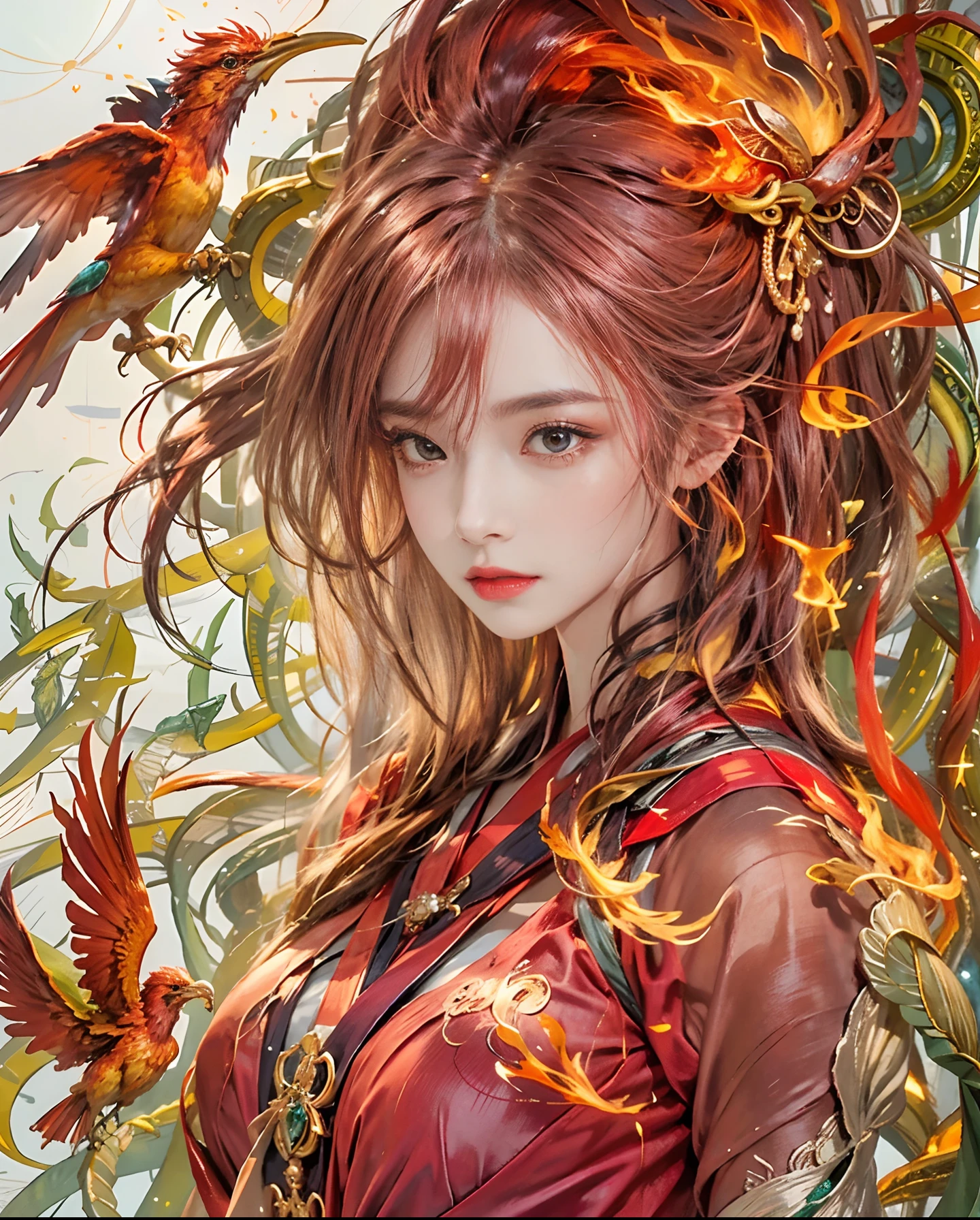 Official art、Flame Wizard、Fire Priestess、Beautiful woman in red ugly robes with open breasts、PerfectNwsjMajic,(​masterpiece、top-quality、top-quality、Official art、Beautifully Aesthetic:1.2)、(1girl in)、ighly detailed、colourfull、highestdetailed、Official art、Unity 8k壁纸、ultra-detailliert、Beautifully Aesthetic、Beautiful face in detail、​masterpiece、top-quality、(Zentangle、a Mandala、Tangles、Entanglement)、Sacred Flame、pure、There are also resilient messages, Overcoming and hope. Breasts are small and B size、A slender、The chest is open、Eyes are double（A detailed eye）, Beautifully detailed、Hair that flutters in the wind、Maroon Gradient Hair Color、Hair is red、high-heels、Gold Anklet、Phoenix in the background、Beautiful girl who can follow the big firebird、A big firebird behind her protects her、She walks in a sea of fire