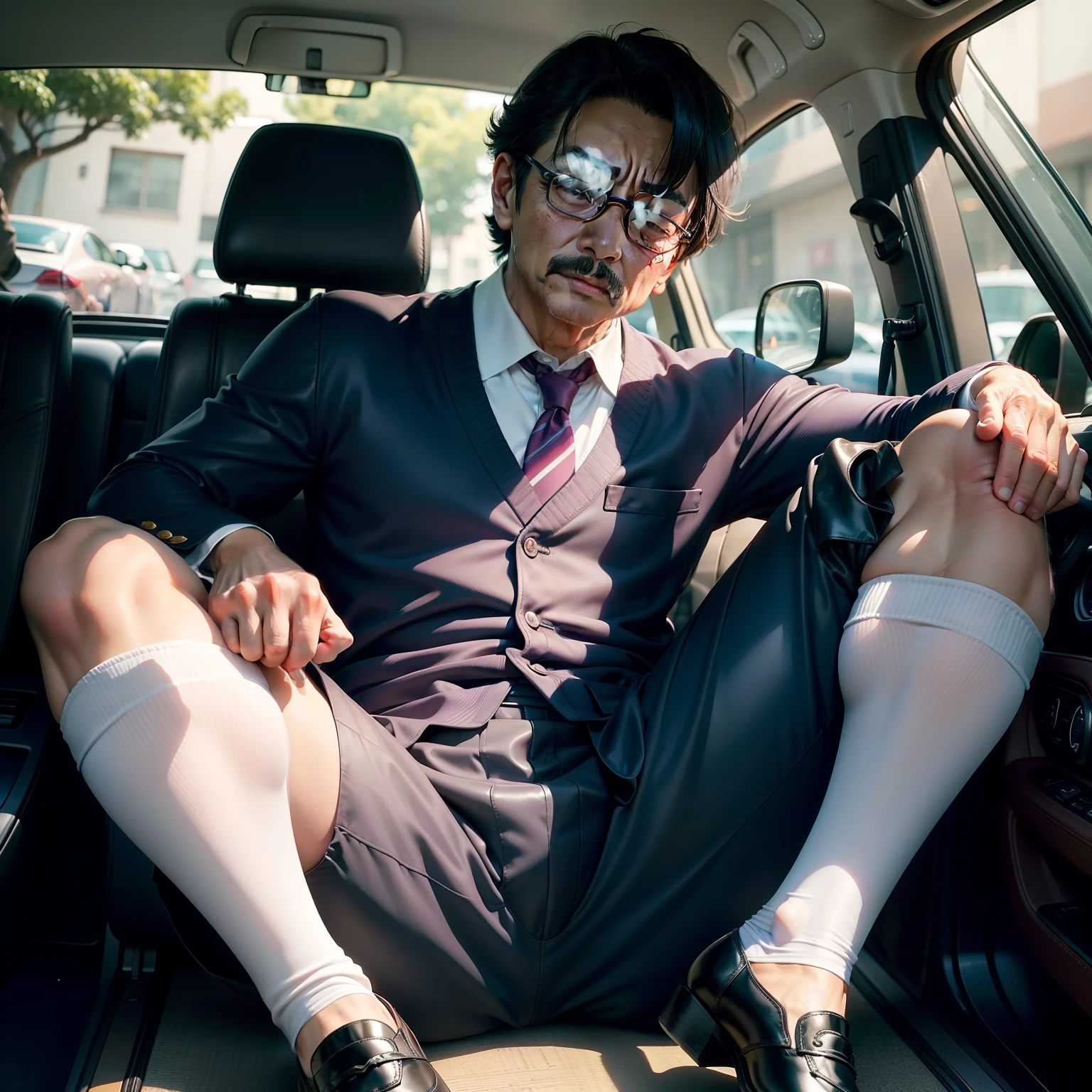 age 55，Kogoro Mouri，uncles，Tong，Bulge，Sitting in the car，Black short stockings，Slip leather shoes，(There is a milky translucent mucus under the sole)