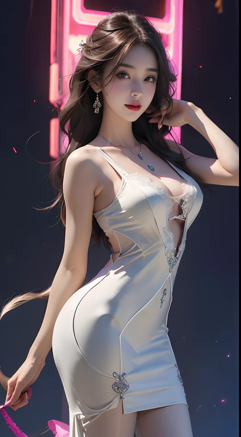 8K, Masterpiece, RAW photo, Best quality, detail:1.2),Photorealistic, Extremely detailed CG unified 8K wallpapers, Depth of field, Cinematic light, Lens flare, Ray tracing,
(Extremely beautiful face, Beautiful lips, Beautiful eyes), intricate detail face, ((ultra detailed skin)) 1girll, In the dark, deepshadow,
Pretty Korean girl, Kpop idol,(Very slim and slender muscular body:1.3), ((view the viewer)),(Big smile), (Tight midi dress),(Hot pink dress), (Injection sleeve) , (City Night, (neon lights sign), (Night), Pretty Korean girl, Carry a Hermès bag, White diamond earrings, Diameter bracelet, Dia necklace, Pantyhose, Clear eyes, Walking , front footage, (Pale skin), Face forward, (Big eyes), ((upperbody shots)), ((laced )), tightly dress
