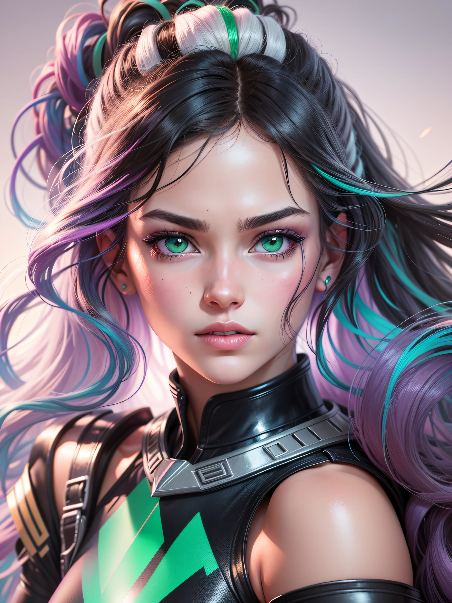 'Close up portait beautiful girl, prated hair, green eyes, in modern fighting costume, hyper realistic, pastel colors, complementary colors, soft colors, vibrant colors, dramatic colors, vaporwave, retrowave, black and white, colorfull, artochrome, highly detailed, 4K'