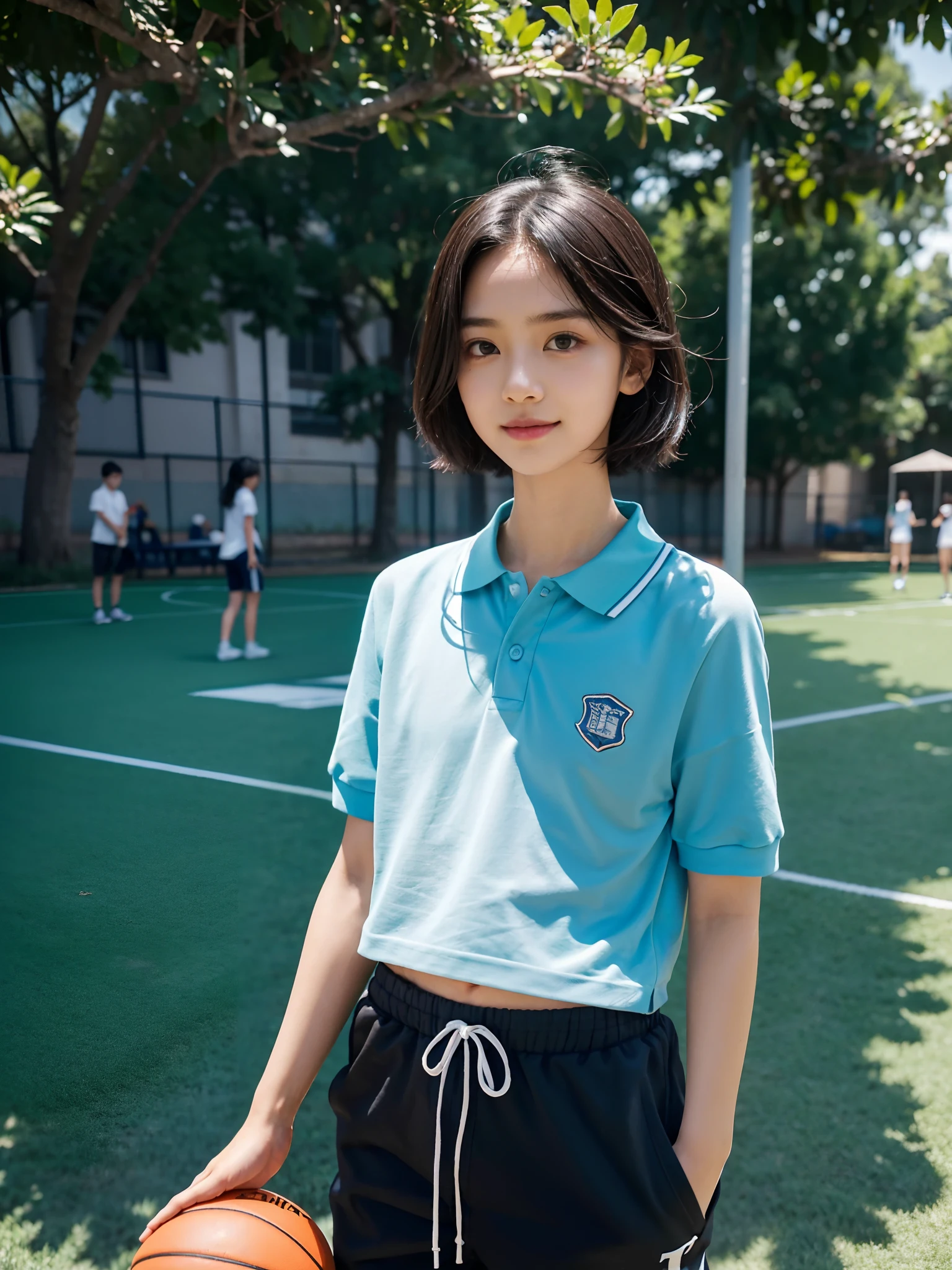 ((Tomboyish,small heads)), (Well-defined abs: 1.1), (perfect bodies: 1.1), (short-length straighthair: 1.2), Black hair, fully body photo，White sneakers，（极其细致的CG 8k壁纸），（Extremely refined and beautiful），（tmasterpiece），（best qualtiy：1.0），（超A high resolution：1.0），beautiful light up，Perfect lightning，realistic shaded，[A high resolution]，Delicate skin，ultra - detailed ，Crowded，dense with greenery，In a school playground，Green football field，Red plastic runway，Afternoon sun，are standing，Wears a light blue short-sleeved polo shirt，Dark blue loose sweatpants，Hold the basketball in both hands，a  nice girl，Single photo，Seven-old，eltary dentm，emaciated，Immature face，ssmile，cheerfulness