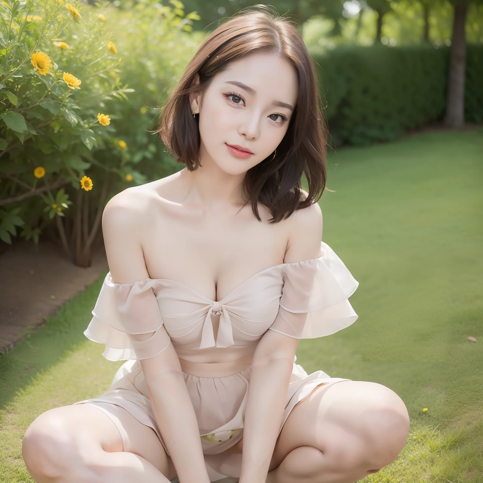 ((of the highest quality, 8K, masutepiece: 1.3, Raw photo)), Sharp Focus: 1.2, (1 AESPA Girl :1.1), Solo, (Realistic, Photorealistic: 1.37), (Face Focus: 1.1), Cute face, hyperdetailed face, Short messy hair, Small Smile, slender, , (Off-the-shoulder chiffon dress, Check skirt: 1.3), Thigh, (Sit on one knee upright: 1.3), crass room, Spread legs, Panties, flower, dahlia