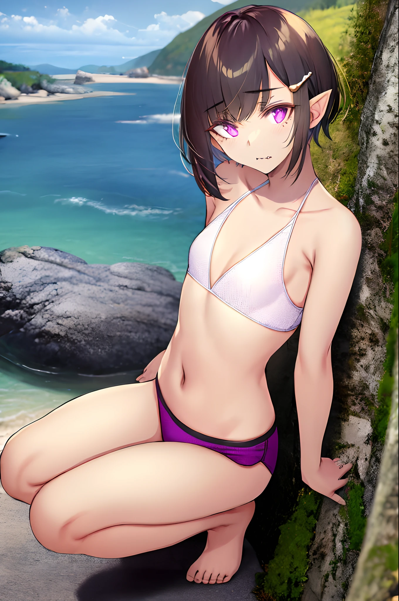 , masterpiece, best quality, highres, 1girl, solo, fang, skin fang, short hair, (mole on thigh:0.8), bangs, hair behind ear, purple eyes, hair ornament, emotionless, beach, squatting, small chest, short height, little girl, flat chest, small, cleavage, ((bare shoulder)), exposed, loose shirt, navel, presenting armpit