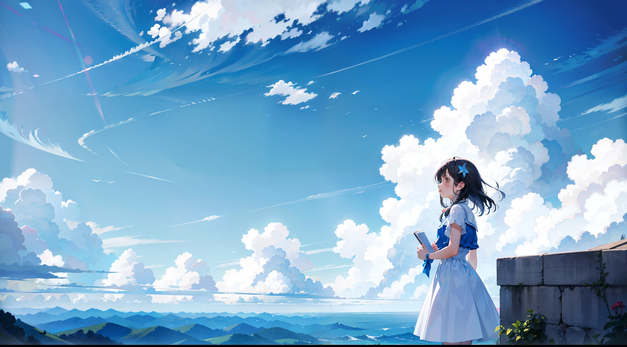 Under the blue sky and white clouds，The girl sings alone