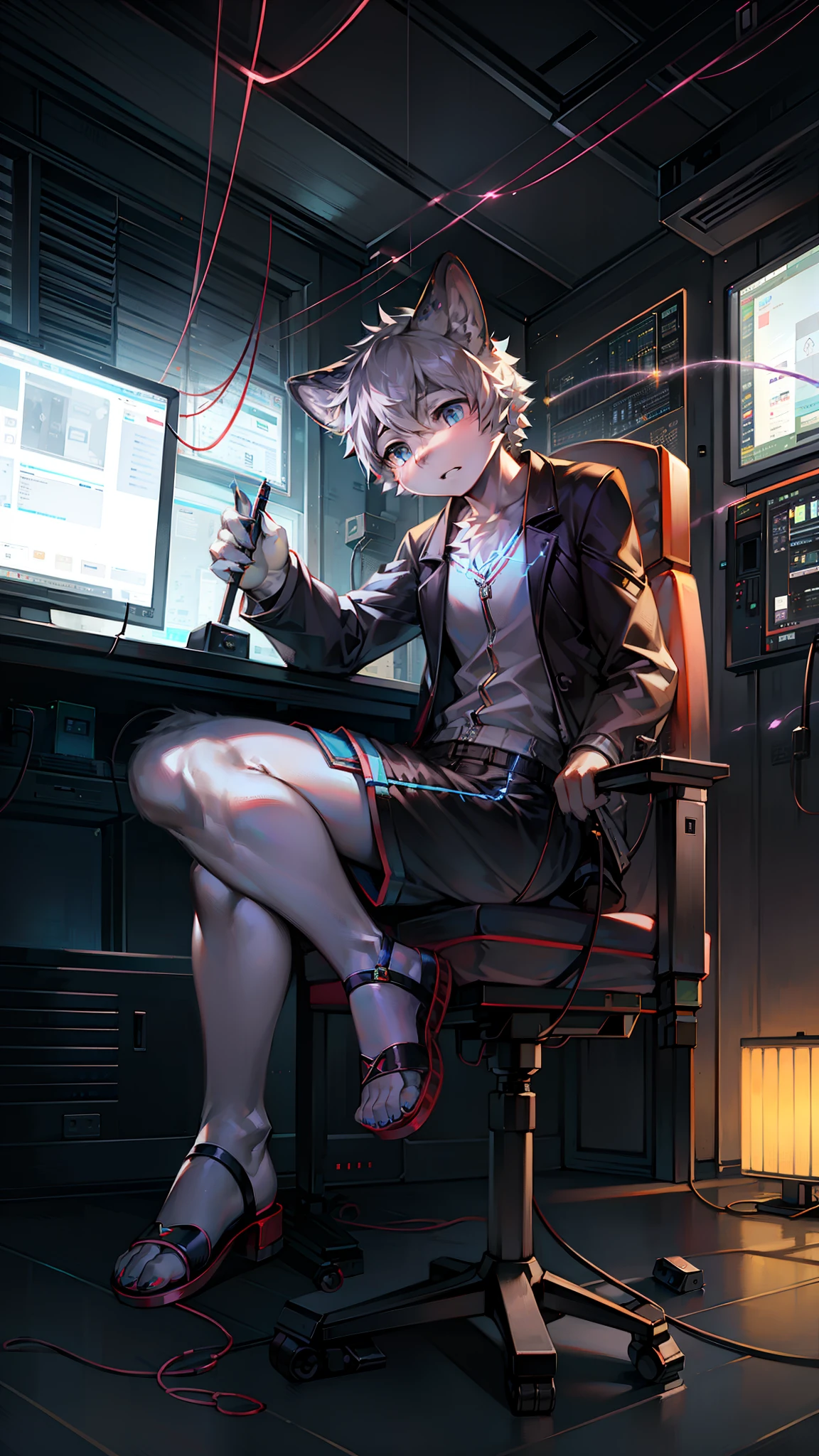 robot Leopard,Wear white vest,Black shorts,sandals。electrical wires,Electric currents,Computer,sit on a bed,(photo-realistic)