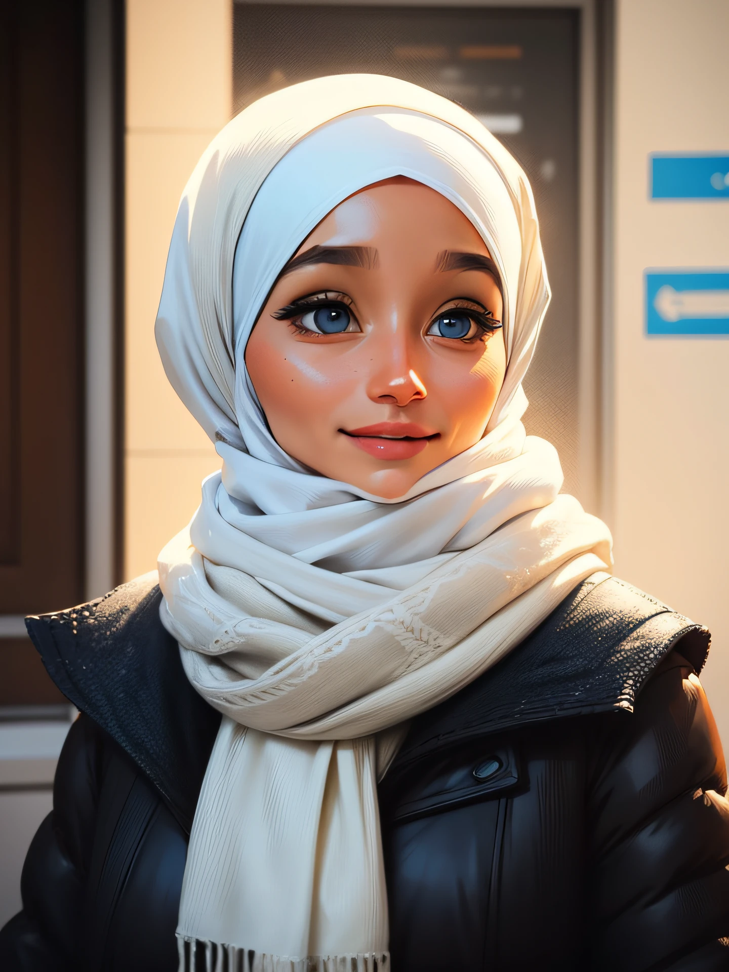 arafed woman wearing a white sweater and a tan scarf, hijab, white hijab, inspired by Nazmi Ziya Guran, inspired by Fathi Hassan, inspired by Shaddy Safadi, scarf, shawl, inspired by Naza, warm and gentle smile, portait photo profile picture, inspired by JoWOnder, cute face girl, blue eyes, turkish