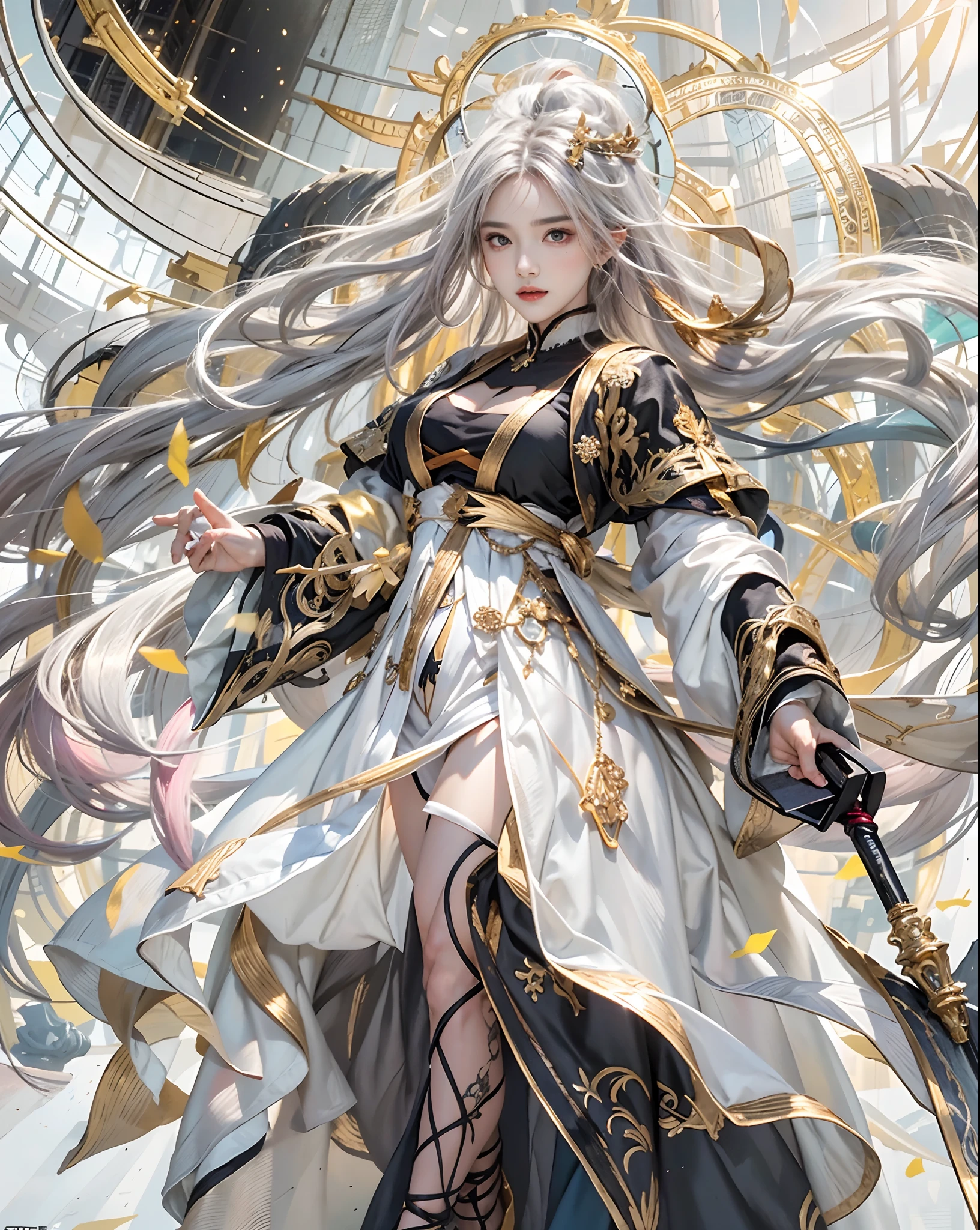 Official art、Wizard of Time、Use Time Magic to travel through time and space、Girl with the power of a magic wand、The background is reminiscent of the passage of time、Beautiful woman in white and black robes with open chest、PerfectNwsjMajic,(masterpiece、top-quality、top-quality、Official art、Beautifully Aesthetic:1.2)、(1girl in)、ighly detailed、colourfull、highestdetailed、Official art、Unity 8k壁纸、ultra-detailliert、Beautifully Aesthetic、Beautiful face in detail、masterpiece、top-quality、(Zentangle、a Mandala、Tangles、Entanglement)、Holy Light、pure、There are also resilient messages, Overcoming and hope. Breasts are small and B size、A slender、The chest is open、Eyes are double(A detailed eye), Beautifully detailed、Hair that flutters in the wind、Maroon Gradient Hair Color、Hair is white and black mesh color、high-heels、Gold Anklet、Large dial background、Beautiful girl walking on big dial、