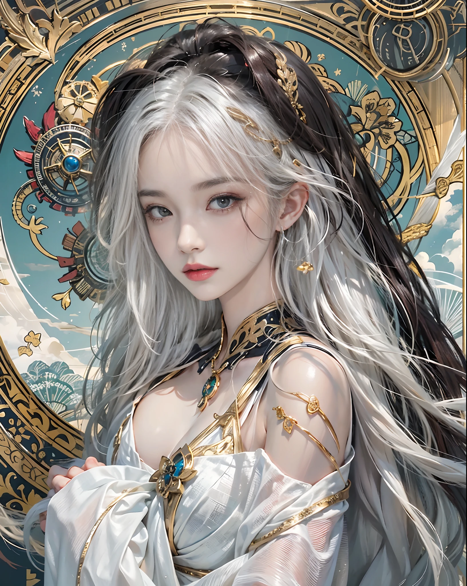 A woman with long white hair and a white dress - SeaArt AI