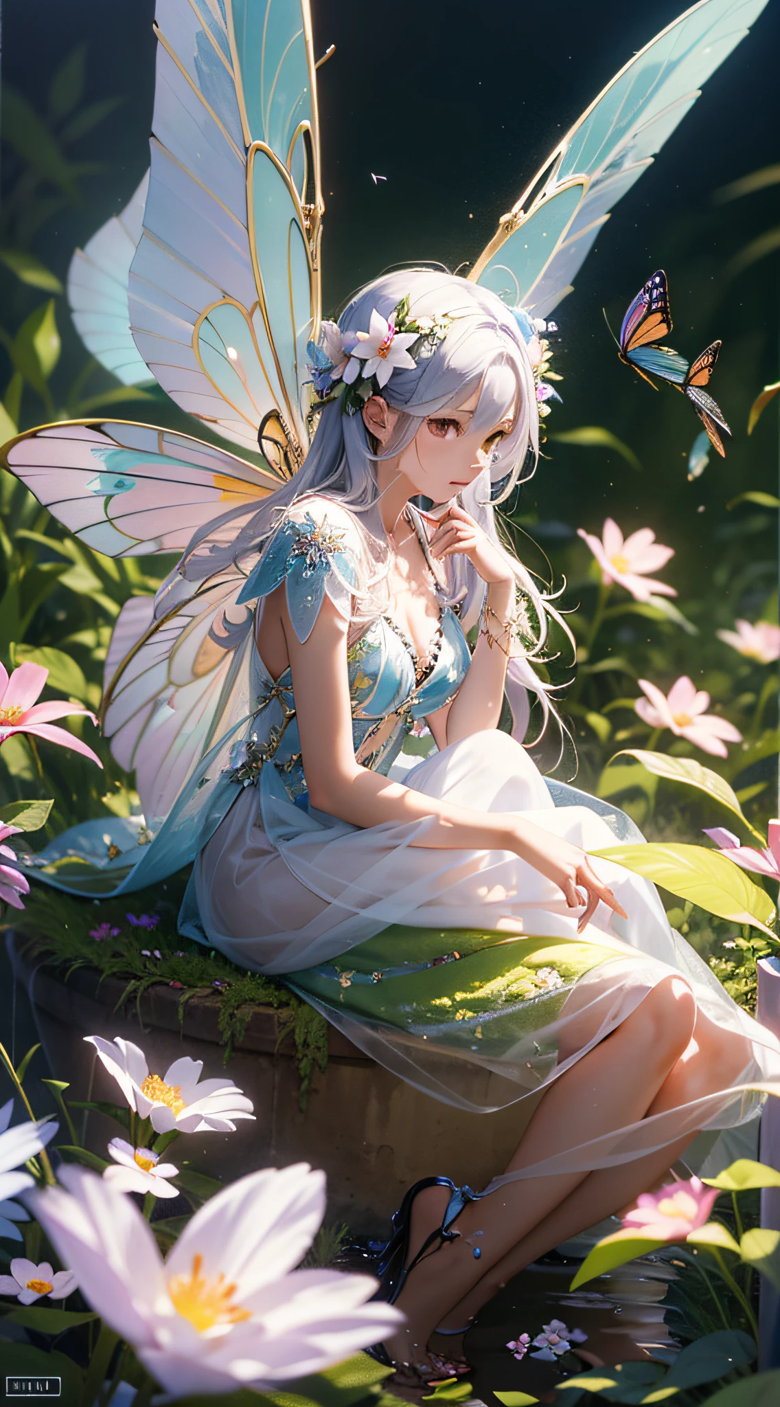 Flower Fairy、Surrounded by flowers、Beautiful girl with transparent wings on her back、When taking off, Glowing scales fly、Sitting on a flower、Highly detailed background,Realistic,ultra-detailliert,super detailed skin,light glow,Film grain,Expro II,Lens Flare,Sharpen,cinematic shadow