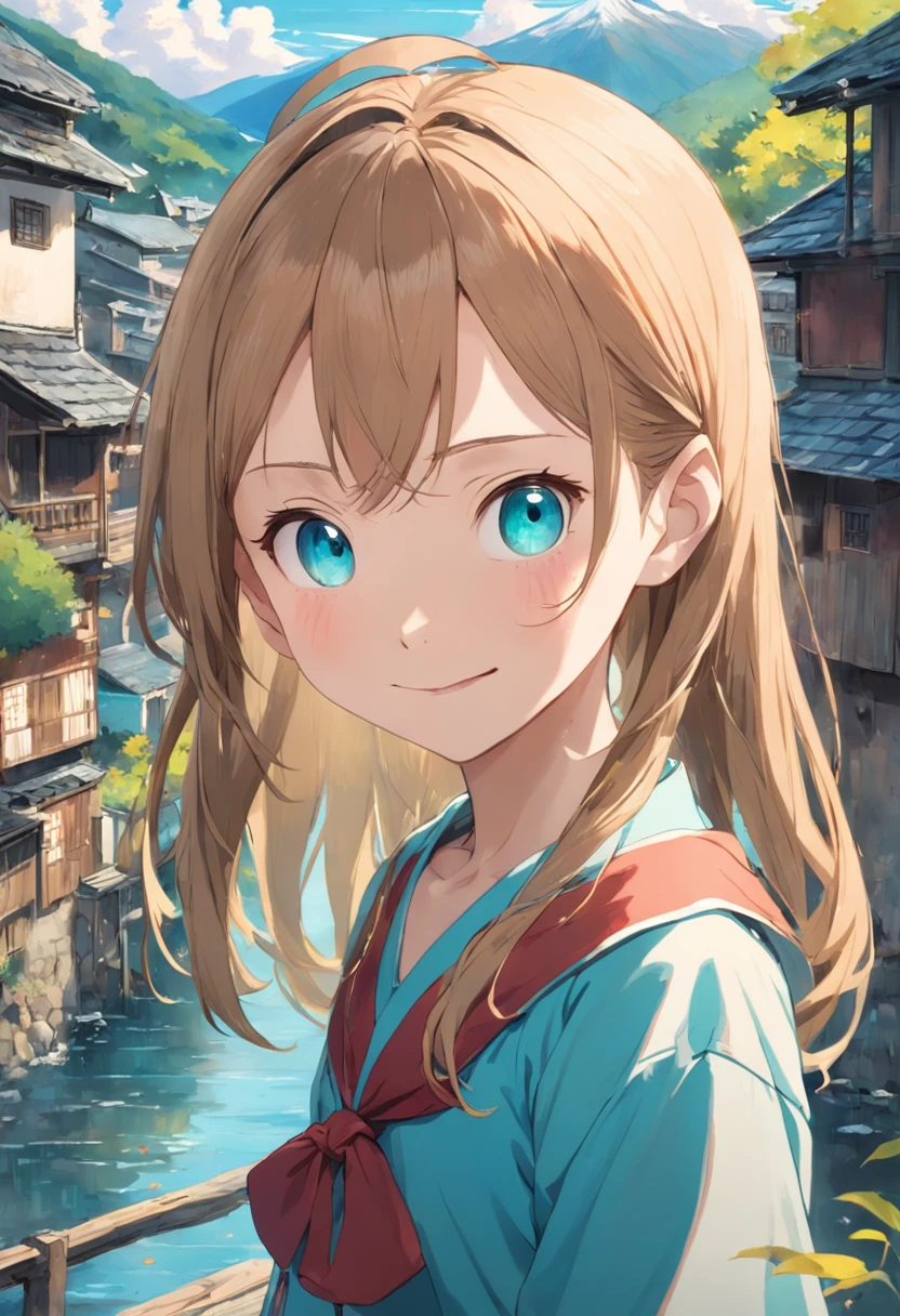 1girl, solo, Takagi, , brown blonde hair, aqua eyes, smile, masterpiece, beautiful girl, beauty, village background, portraid, looking at viewer