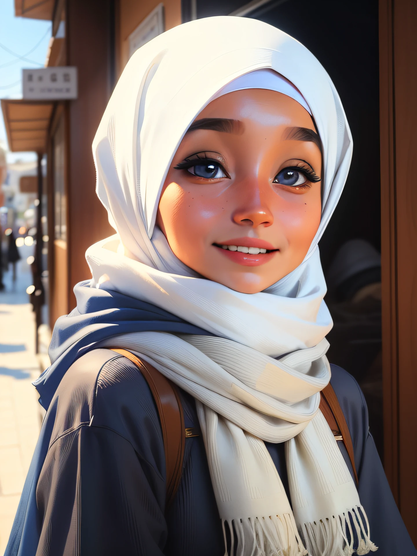 arafed woman wearing a white sweater and a tan scarf, hijab, white hijab, inspired by Nazmi Ziya Guran, inspired by Fathi Hassan, inspired by Shaddy Safadi, scarf, shawl, inspired by Naza, warm and gentle smile, portait photo profile picture, inspired by JoWOnder, cute face girl, blue eyes, turkish