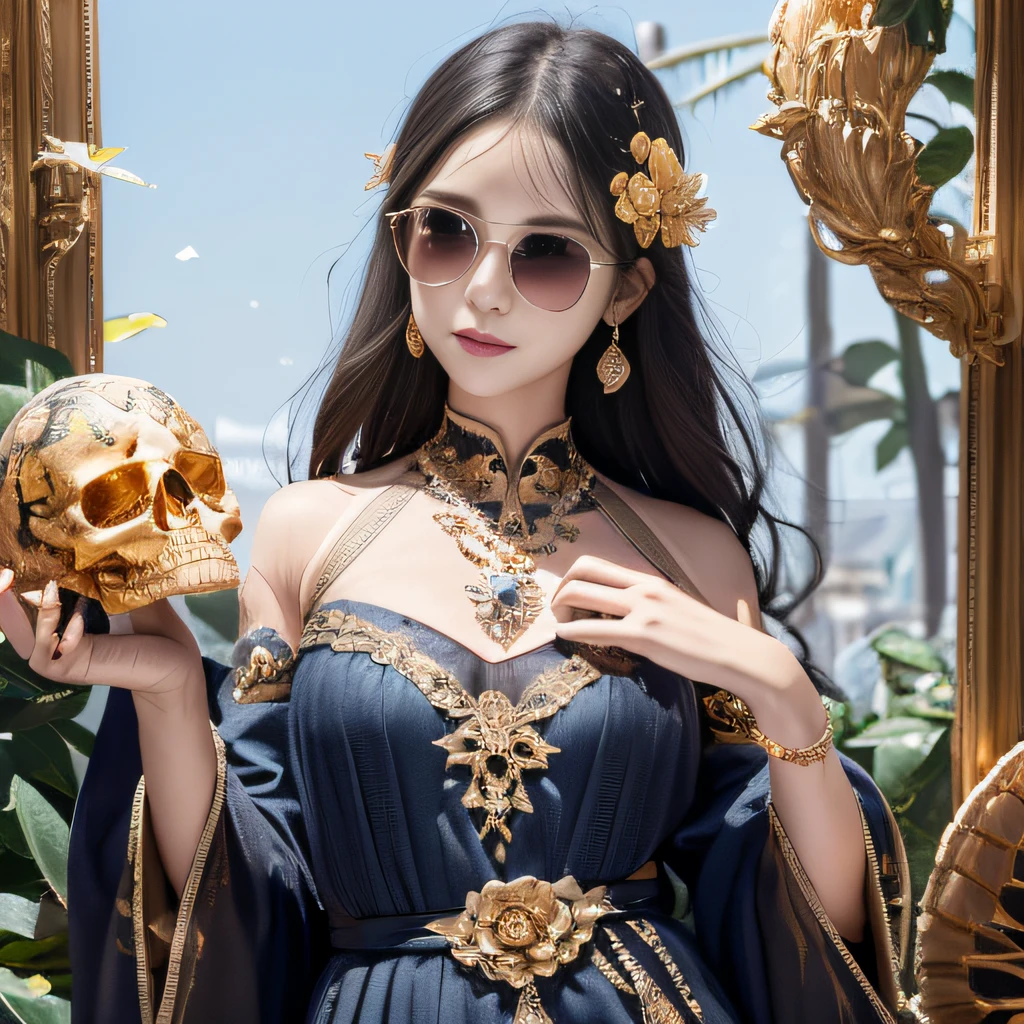 Dark moonlit night,Transparent camellia,Camellia magic wand,Wear thick gold-framed reflective sunglasses,32K(tmasterpiece,k hd,hyper HD,32K)Light orange flowing hair,Silver Skull jewelry district in an abandoned pond,Indigo Skull King ,Skeleton protector (The skeleton is realistic:1.4),Skull pattern robe,Silver skull flower camellia,Petals flutter,Colored ball head,Hold your head high,Be proud,The nostrils look at people, A high resolution, the detail, RAW photogr, Sharp Re, Nikon D850 Film Stock Photo by Jefferies Lee 4 Kodak Portra 400 Camera F1.6 shots, Rich colors, ultra-realistic vivid textures, Dramatic lighting, Unreal Engine Art Station Trend, cinestir 800,Hold your head high,Be proud,The nostrils look at people,Tsundere,Petals flutter,Petals flutter,Sprinkle with gold dust,Fluttering,Impeccable,( reasonable design, Clear lines, High sharpness,Best quality, Very detailed skeleton, The skeleton of a masterpiece, offcial art, movie light effect, 4K skeleton(((Wear thick gold-framed reflective sunglasses)))Transparent camellia,Magic wand,
