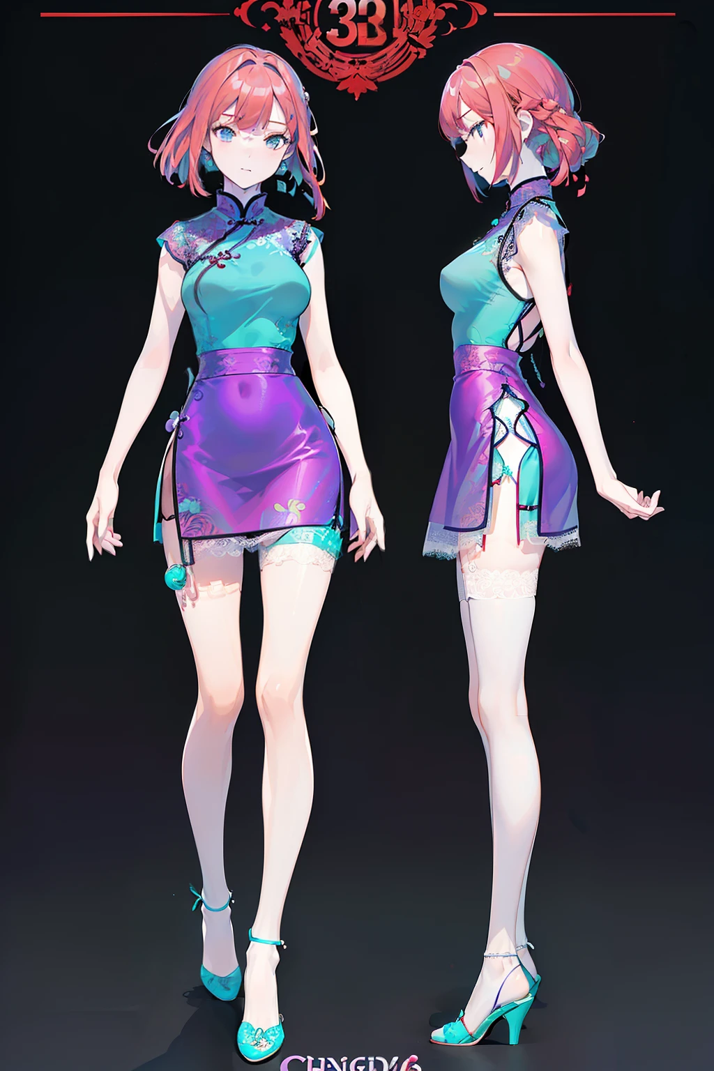 ((Best Quality)), ((Masterpiece)), ((Realistic)) 19 year old, redhead girl, shoulder length hair, relaxed happy face ((slender)) (busty), ((( cheongsam turquoise lace dress))) (((mini skirt))) ((up skirt)) ((purple thong)) ((sexy dress)) bun hairstyle (((detailed character sheet, frontal view, side view, three quarter view))) (((white background))) 6 and a half heads full body
