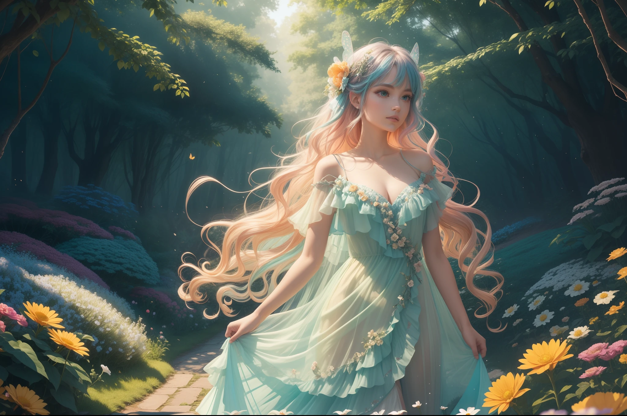 A young fairy in a flowery garden. Butterfly like Wings. She wears a multilayered ruffled dress in light yellow orange transparent fabric with silver and aquamarine embellishments. Long messy wavy hair in teal colour. She is merging from a swirl of multicoloured varieties of flowers and leaves of different shapes and tones of green. Sunny day and clear blue sky. Illuminated by natural light. Magic Forest in the background.