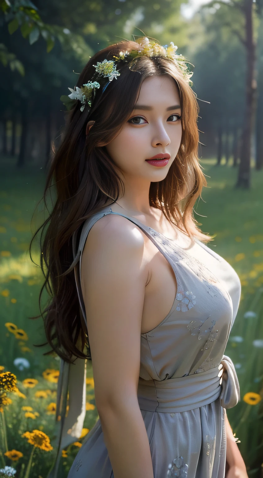 (((masterpiece, best quality:1.1))), high resolution, (ultra-detailed), 1girl ,light makeup, mature female, seductive, elegant, stylish, curvy, looking at viewer , (((waist length body))) , perfect body, beautiful woman, (beautiful detailed face:1.2), beautiful detailed eyes,((intricate detailed)), perfect hands, detailed fingers, mature female, boho maxi dress, Loose waves with a flower crown hair , A sunlit meadow with wildflowers background, volumetric lighting, intricate details, sharp focus, hyper detailed, trending on Art station