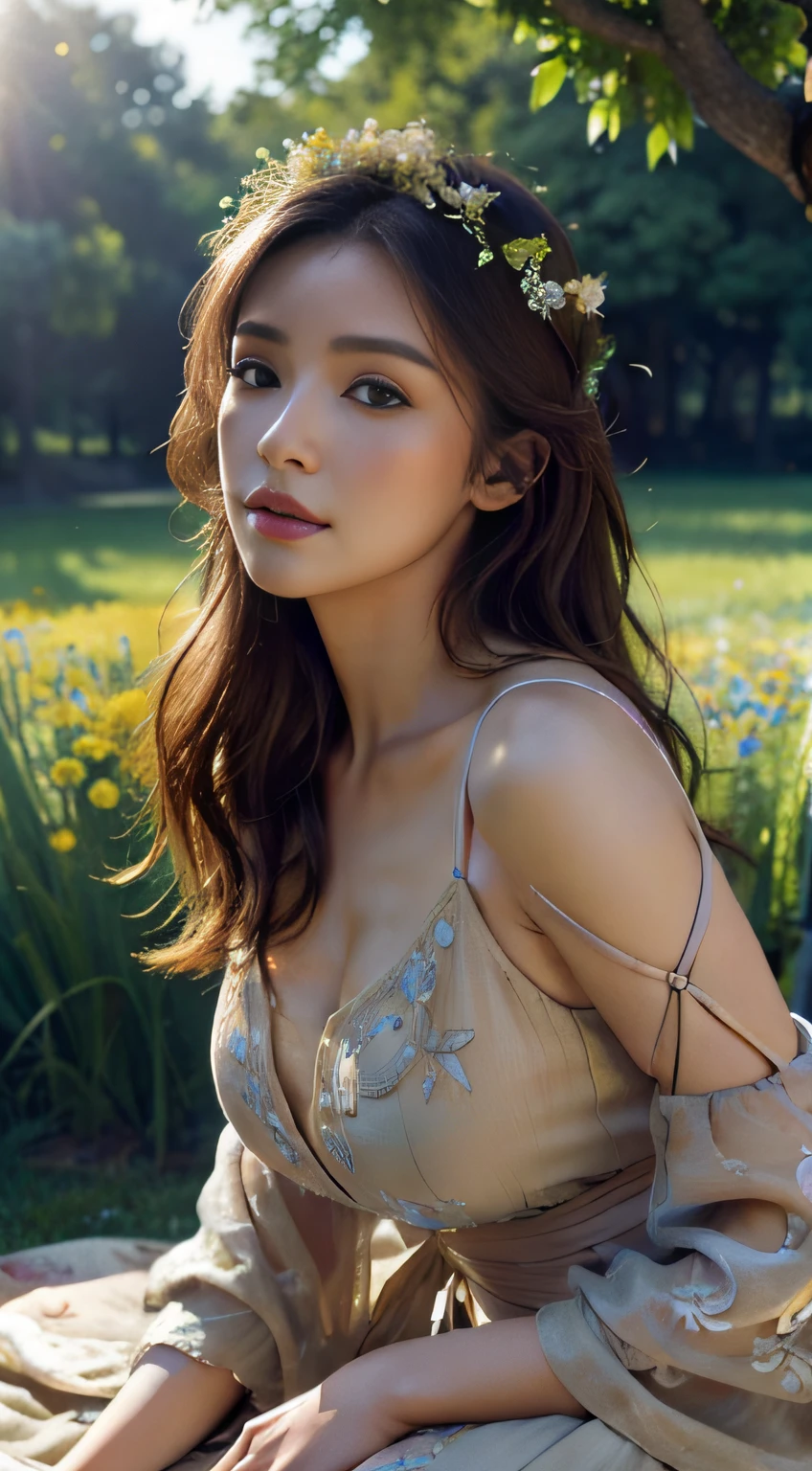 (((masterpiece, best quality:1.1))), high resolution, (ultra-detailed), 1girl ,light makeup, mature female, seductive, elegant, stylish, curvy, looking at viewer , (((waist length body))) , perfect body, beautiful woman, (beautiful detailed face:1.2), beautiful detailed eyes,((intricate detailed)), perfect hands, detailed fingers, mature female, boho maxi dress, Loose waves with a flower crown hair , A sunlit meadow with wildflowers background, volumetric lighting, intricate details, sharp focus, hyper detailed, trending on Art station
