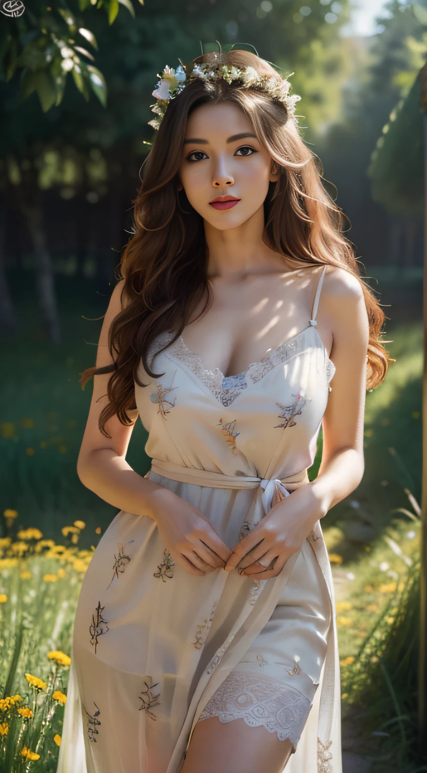 (((masterpiece, best quality:1.1))), high resolution, (ultra-detailed), 1girl ,light makeup, mature female, seductive, elegant, stylish, curvy, looking at viewer , (((waist length body))) , perfect body, beautiful woman, (beautiful detailed face:1.2), beautiful detailed eyes,((intricate detailed)), perfect hands, detailed fingers, mature female, boho maxi dress, Loose waves with a flower crown hair , A sunlit meadow with wildflowers background, volumetric lighting, intricate details, sharp focus, hyper detailed, trending on Art station