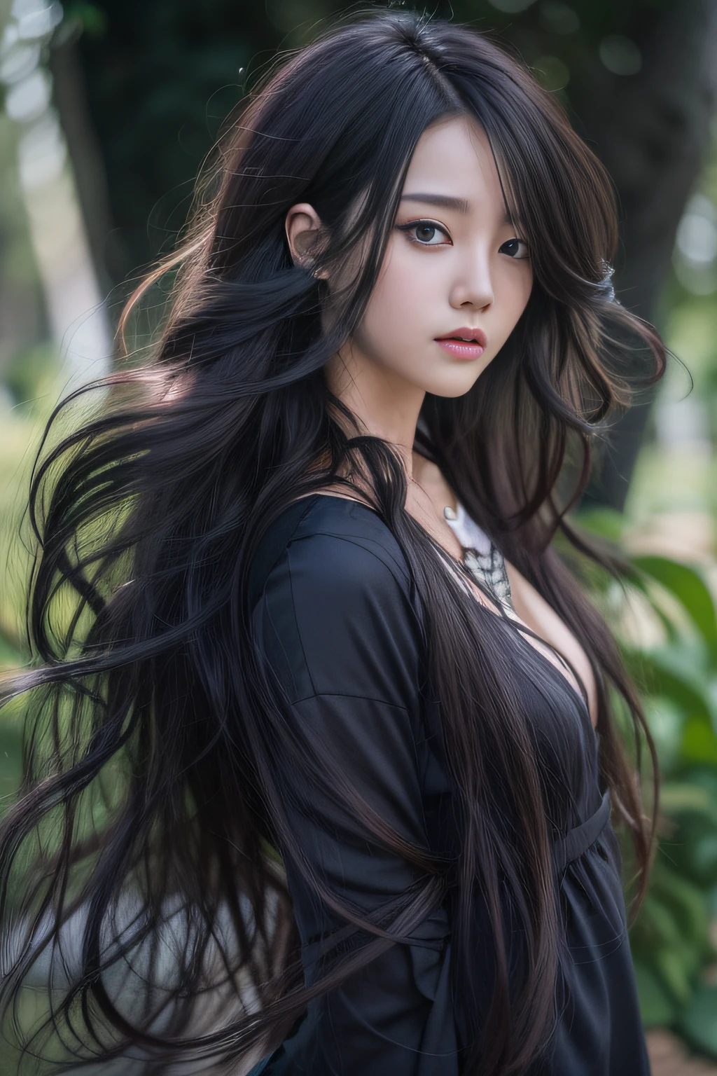 (Long hair with natural waves), (character on front), outdoors, dark hair, dark eyes, lady, masterpiece, best quality, looking at viewer,
day, black theme,
