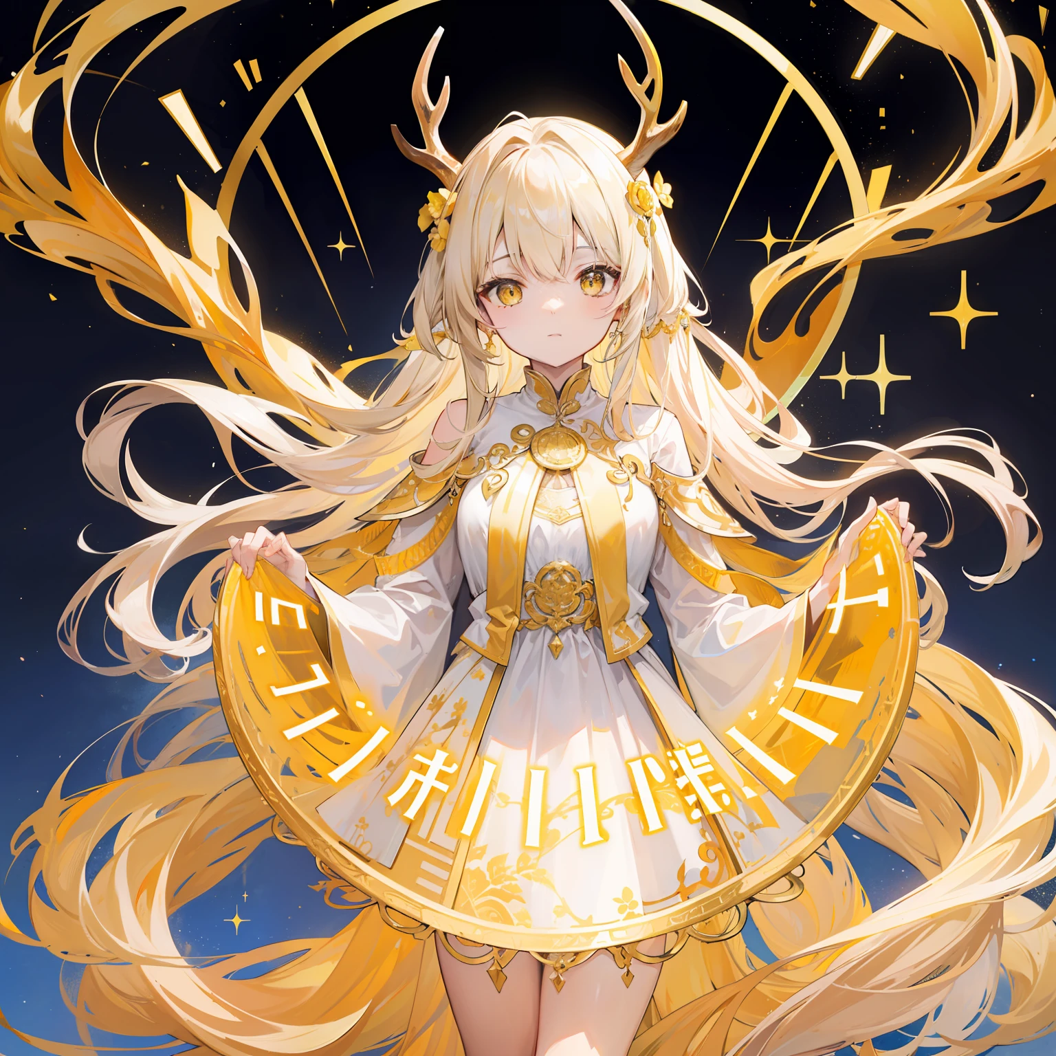 The Title Douluo Continent with multiple golden soul rings,It's a beautiful sister,Yellow, gold, and white color scheme,It is called the golden horned deer