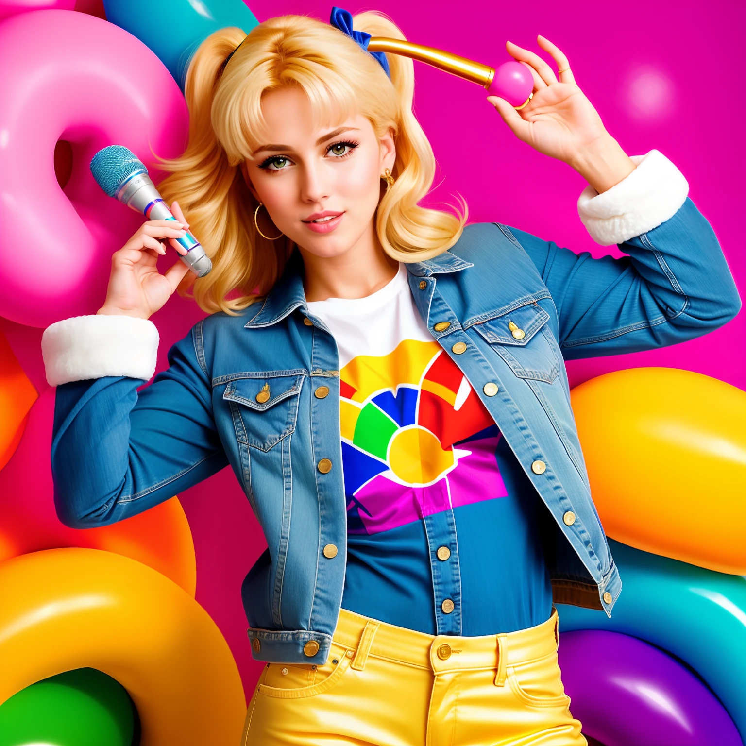 "(Mature and realistic portrayal:1.2) Sailor Moon exuding confidence as she holds a microphone, her blonde hair cascading down, adorned in stylish rainbow denim clothes from the 2000s, with a backdrop filled with donuts."