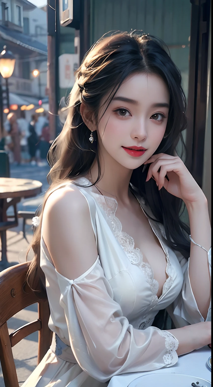 NSFW, (8K, Best quality, Masterpiece:1.2), (Realistic, photo-realistic:1.37), Ultra-detailed, 1 girl, view the viewer, Cute, Beautiful detailed sky, Detailed Cafe, Sit down at the dining table for afternoon tea, full bodyesbian, (Smile:1.15), Closed mouth, Medium breasts, Bursting shirt buttons, Beautiful detailed eyes, (Collared shirt:1.1), Daytime, Sunshine, White lace, (Long hair:1.4), Shoulder-length hair, Silver hair, uniform, White skin, Cinematic light, the street lights, (The hottest actress:1.4), entire body image, (Tea table:1),(carryng bag:1), ulzang-6500-v1.1:0.3, karinak-4501-6300:1.2