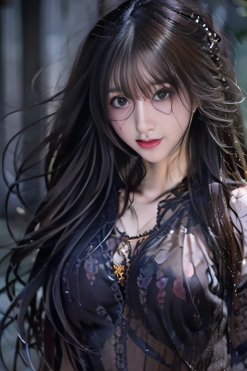 (Long hair with natural waves), (character on front), outdoors, dark hair, dark eyes, lady, masterpiece, best quality, looking at viewer,
day, black theme,