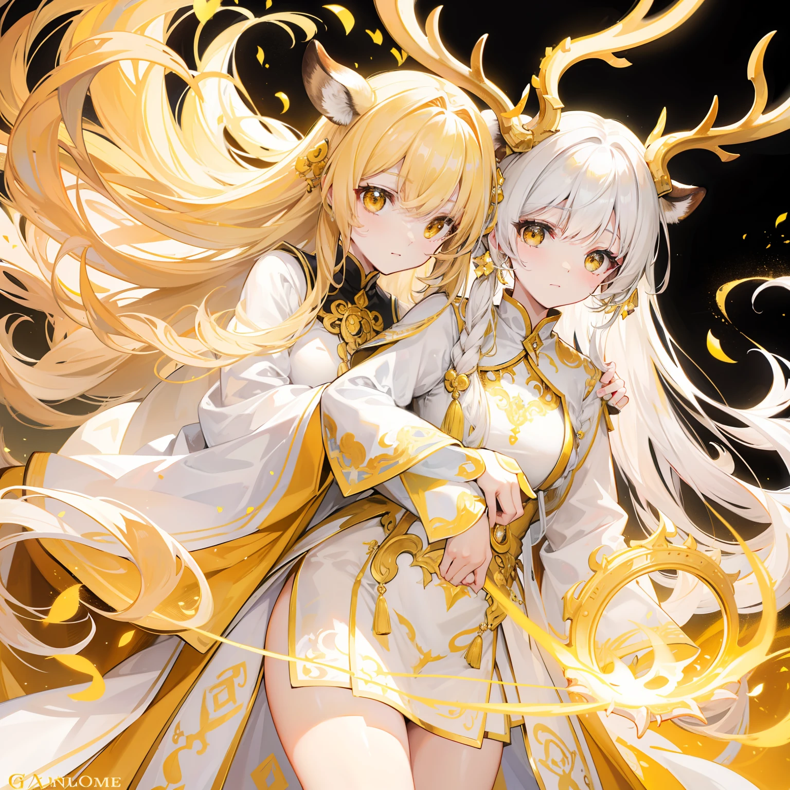 The Title Douluo Continent with multiple golden soul rings,It's a beautiful sister,Yellow, gold, and white color scheme,It is called the golden horned deer