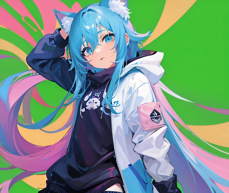 Chica de anime con una sudadera con capucha azul con orejas de gato en la cabeza, Fursona!!!!, Estilo anime 2D, Trigger Anime Art Style, Mikudayao, con una sudadera con capucha cian, Arte de Fursona, en un estilo anime, lineless, Fursona, anime artstyle, furaffinity fursona