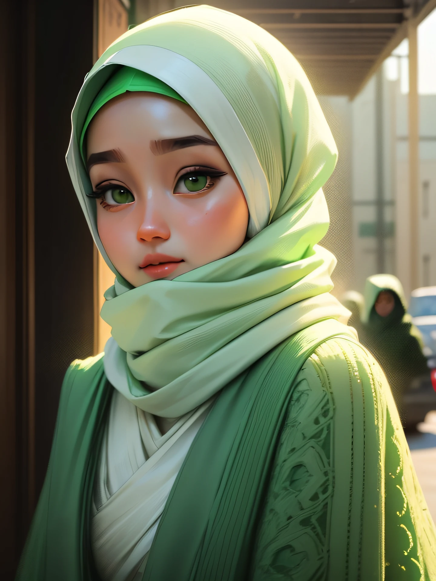 (Character: one Indian woman, brown skin)
(Clothing:  t-shirt, green khimar),(sfw:1.3)
(best quality, masterpiece),looking at viewer, upper body, blurry, street)