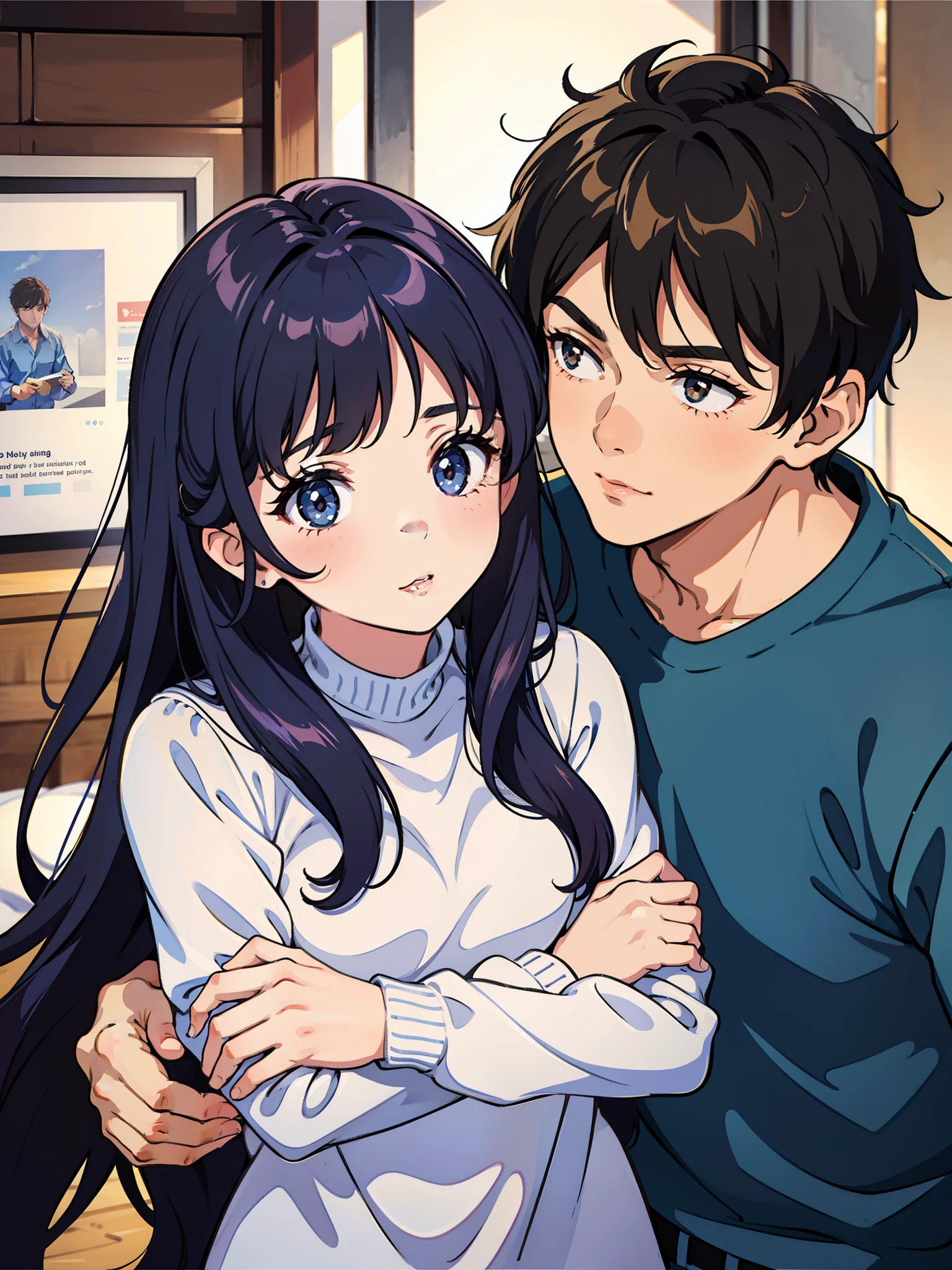 The girl snuggled into the boy's arms,Cute girl,Handsome boy,detail in face,couple,Love,Love,couple,