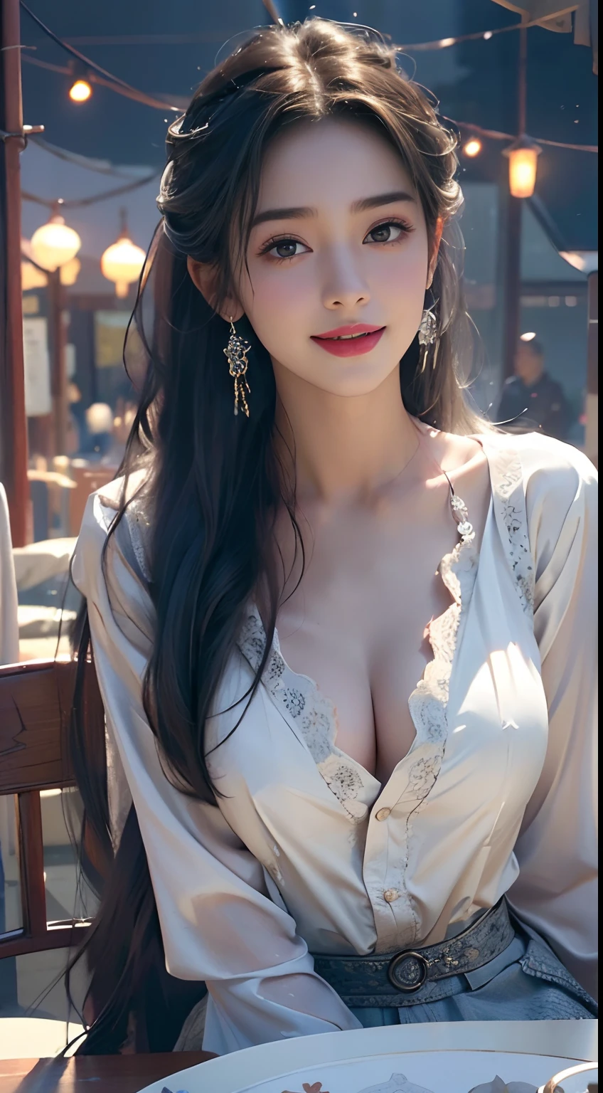 NSFW, (8K, Best quality, Masterpiece:1.2), (Realistic, photo-realistic:1.37), Ultra-detailed, 1 girl, view the viewer, Cute, Beautiful detailed sky, Detailed Cafe, Sit down at the dining table for afternoon tea, full bodyesbian, (Smile:1.15), Closed mouth, Medium breasts, Bursting shirt buttons, Beautiful detailed eyes, (Collared shirt:1.1), Daytime, Sunshine, White lace, (Long hair:1.4), Shoulder-length hair, Silver hair, uniform, White skin, Cinematic light, the street lights, (The hottest actress:1.4), entire body image, (Tea table:1),(carryng bag:1), ulzang-6500-v1.1:0.3, karinak-4501-6300:1.2