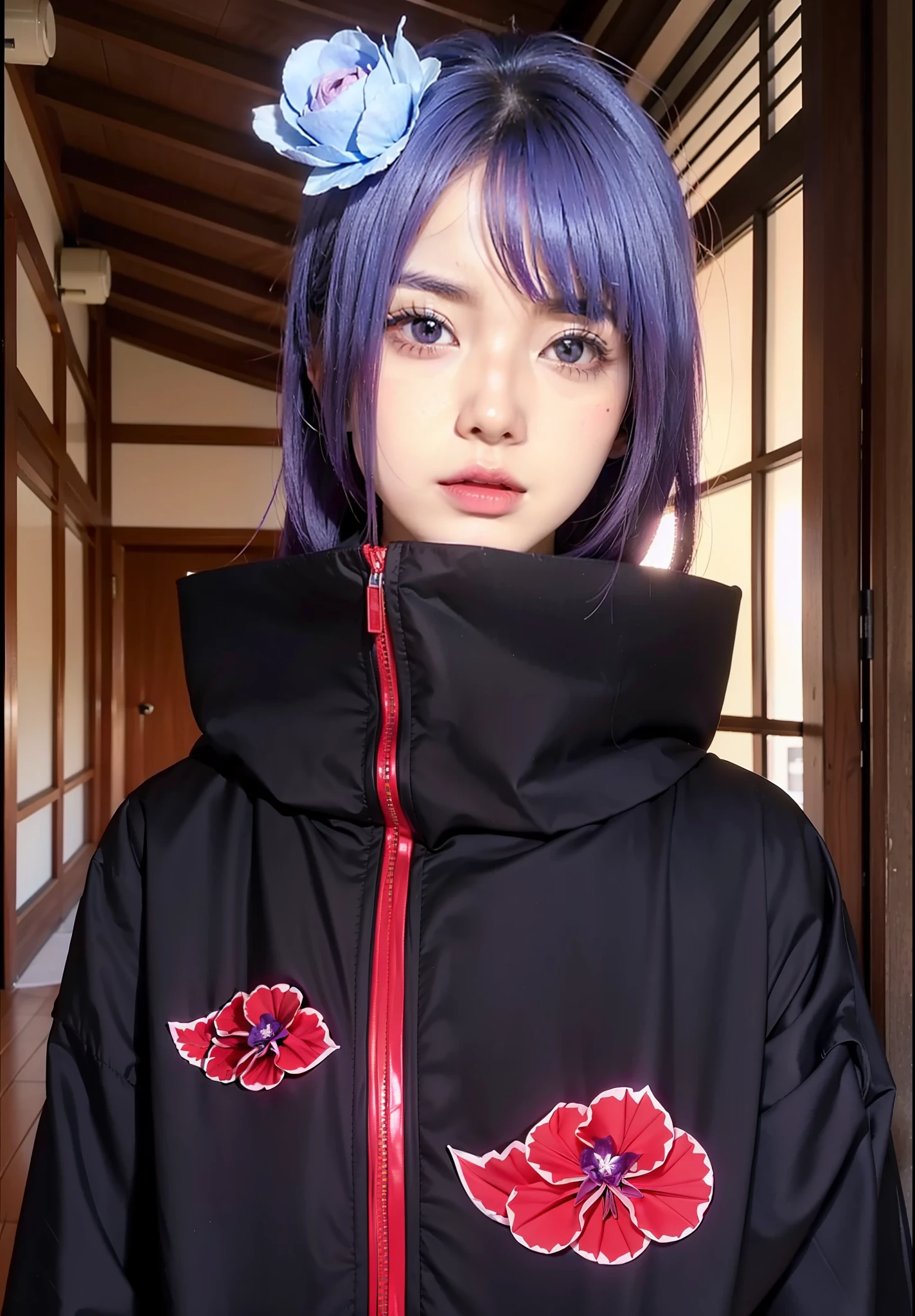 real Life adaption of this character,her name is konan from anime boruto ,hyper realistic ,detailed purple neat hair with origami flower , high resolution, photorealistic,very detailed,realistic outfit Black robe with red zipper and has a red cloud with white outline design printed on it ,Japanese teen beautiful ,detailed shining orange eyes,