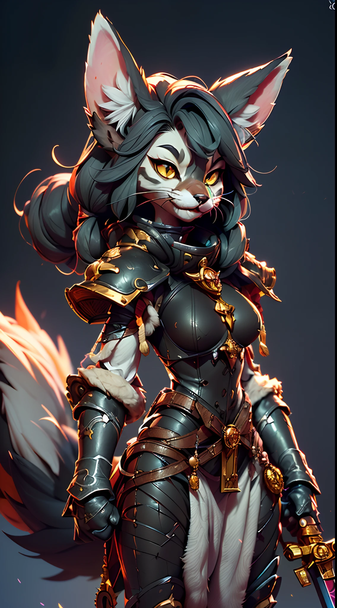 Wide-angle panorama，(Beautiful woman face:1.5), (Cute image standing all over the body:1.5), (Cat-like furry body and cat's paws:1.5), (Holding a heavy sword in his hand:1.2), (A plump chest), ( anime styled 3d:1.5), Metal armor skirt, Metal armor underwear, (Hairy limbs:1.45), (Very long, Fluffy fox tail:1.45), (Extremely detailed CG Unity 16k wallpaper:1.3), Dynamic Angle, the golden ratio, (tmasterpiece:1.37), (Detailed:1.15), Cinematic light, Side lighting, hdr, Perfect iris, (applause), Lifelike texture, （realisticlying：1.37）, (ssmile:1.1), Ray tracing, hyper HD, (Best quality:1.13)