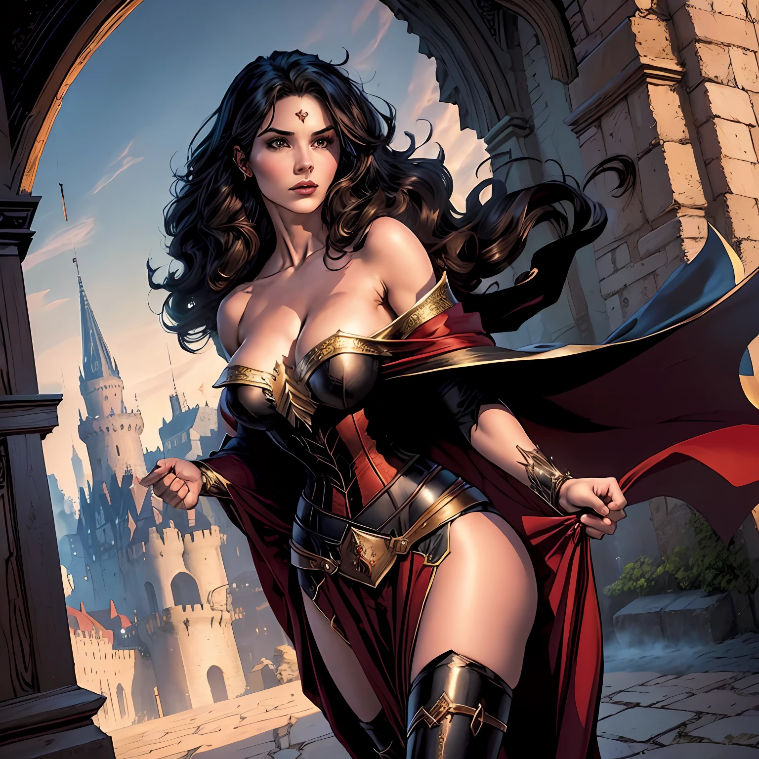 (masterpiece, top quality, best quality, official art, beautiful and aesthetic:1.2), (1girl:1.3), long and curly dark brown hair, extremely detailed, portrait, looking at viewer, solo, (full body:0.6), detailed background, close up, mischievous eyes, (warm summer castle theme:1.1), sorceress, charlatan, smirk, mysterious, walking in courtyard, revealing ((dark red)) sorcerer attire, red knee-length red skirt, off shoulder, straps, long sleeves, loose sleeves, cloak, corset, black leggings, black trousers, black pants, long brown boots, buckles, straps, pouches, glowing magical energy, casting a spell, red fabric, white trim, gigantic breasts, cleavage, skindentation, slim waist, slim hips, long legs, medieval (castle exterior:1.1) background, dark mysterious lighting, shadows, magical atmosphere, dutch angle, (((Balsamique)))