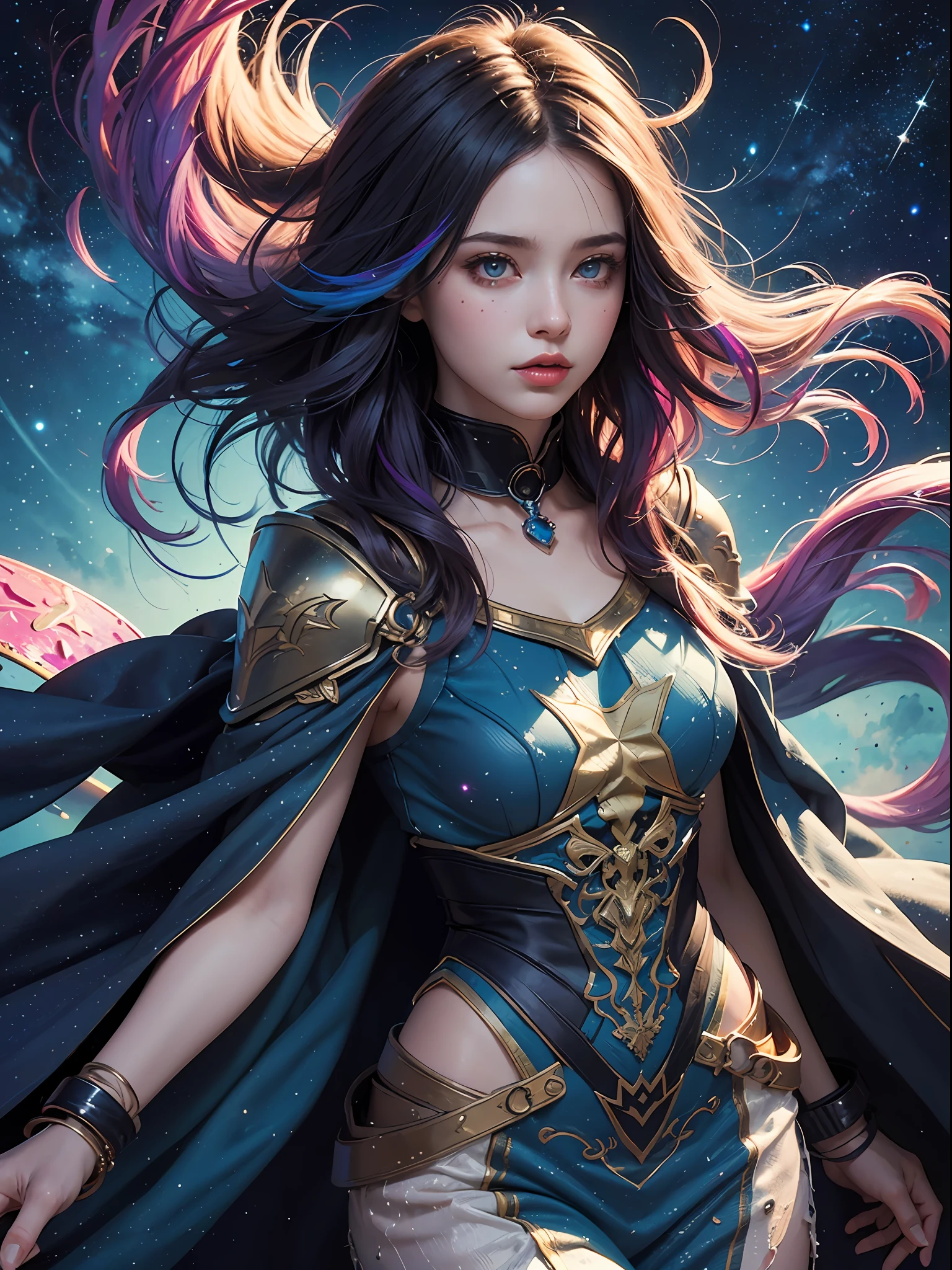 Unbeatable masterpiece, Ultra photo realsisim, Perfect artwork, Intricate details, Best quality, Strong light,High contrast,((Masterpiece)) , (((Best quality))) , ((Ultra-detailed)),((illustration)) , [realism light effect] , black shadows ,(Fantasy style) , (cloaks) ,(1girll), ((big slime hair),((full bodyesbian)), (Cloud hair):0.3) , (Hair background) , (High saturation) , (The hair is surrounded by galactic splashes) , )),((Her hair is turning into a galactic cloud:1.4) , (Hair and clothes are galactic clouds and star clusters:1.2) , (The cloak is turning into a galactic cloud)(colorful galaxy_print_clusters_af_stars_print:1.3), ((Detailed starry sky with colorful milky way and galactic clouds):1.2)):0.35] , (((Masterpiece))) , (((best qualtiy))) , ((Ultra-detailed)) , (illustration) ,(Dynamic Angle) , ((Floating)) , (Paint) , ((messy  hair)) , ((Beautiful detailed face)) , Collar , bareshoulders , ((Colorful hair)) , ((Striped hair)) ,Beautiful detailed eyes , (Gradient color eyes)((Colorful eyes))) , (((Colorful background))) , ((high saturated))) , (((Surrounded by colorful splashes)))((surrounded by colorful dot))) , colorful bubble , ((Shining)) ,