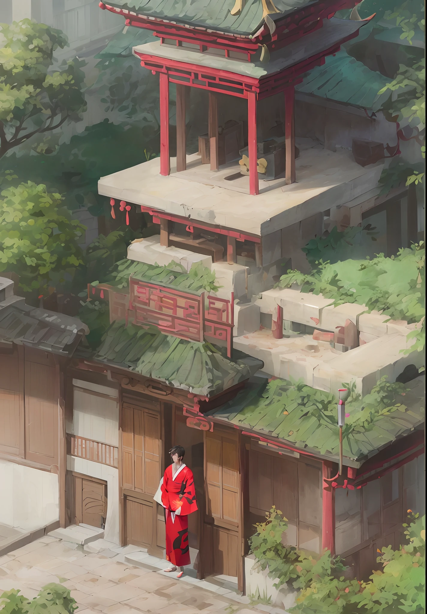 (A young man in a Taoist robe),
(A dilapidated Taoist temple), (Inuyasha style), (red kimono), (fox man with long sliver hair)