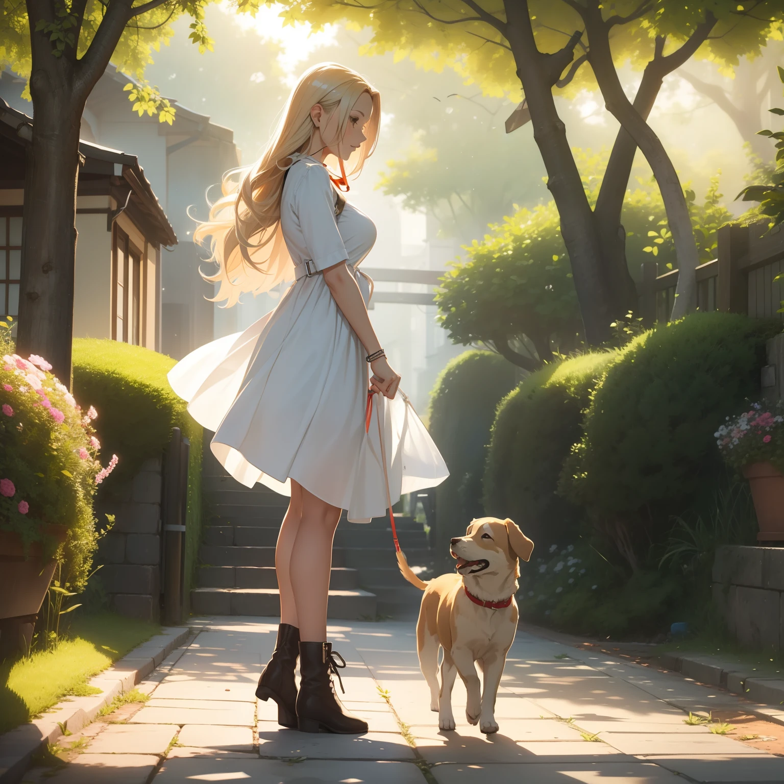 ((masterpiece, best quality, 4k, photorealistic)), (((wide shot, full body))), (((side view))), ((shining skin)), expressive eyes, perfect face, nice hands, large cleavage, long round legs, curvaceous body,1 girl, in a tranquil park setting, a city girl accompanies her majestic Golden Retriever along a sunlit pathway, her hair, a cascade of sun-kissed blonde, ripples down her shoulders in loose waves, complementing the golden hues of her dog, a loose braid sweep across her forehead, lending an air of gentle sophistication, her outfit showcases a soft blue linen dress that sways with her every step, a perfect match for the serene surroundings, she wears comfortable brown ankle boots, adding a touch of rustic charm to her ensemble, around her wrist, a leather bracelet intertwines with delicate metal bands, each representing a meaningful moment, her connection with her Golden Retriever radiates joy as they explore the path together, embodying a seamless blend of natural beauty and city elegance, extremely detailed Artgem