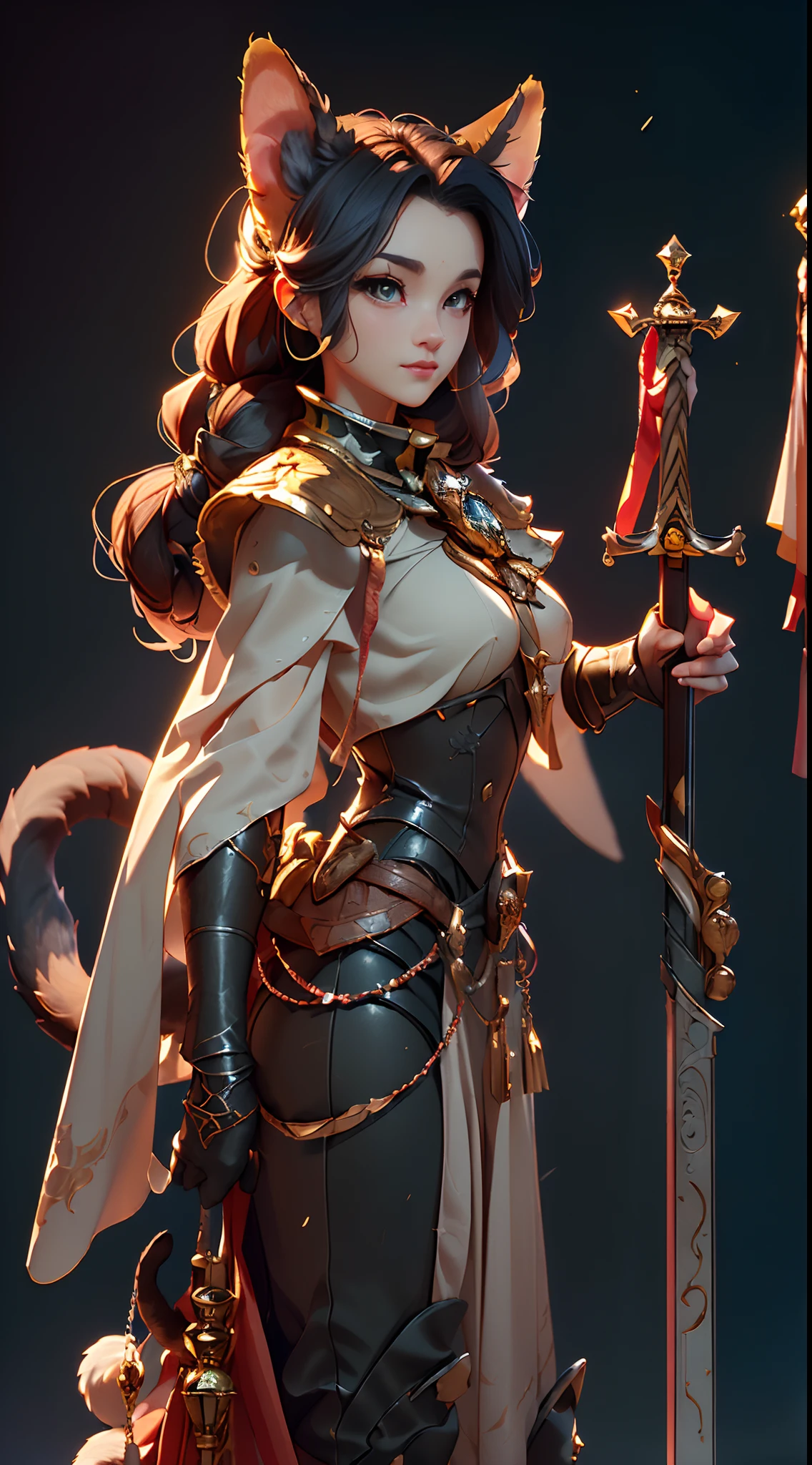 Wide-angle panorama,(Beautiful woman face:1.5), (Cute image standing all over the body:1.5), (Cat-like furry body and cat's paws:1.5), (Holding a heavy sword in his hand:1.2), (A plump chest), ( anime styled 3d:1.5), Metal armor skirt, Metal armor underwear, (Hairy limbs:1.45), (Very long, Fluffy fox tail:1.45), (Extremely detailed CG Unity 16k wallpaper:1.3), Dynamic Angle, the golden ratio, (tmasterpiece:1.37), (Detailed:1.15), Cinematic light, Side lighting, hdr, Perfect iris, (applause), Lifelike texture, (realisticlying:1.37), (ssmile:1.1), Ray tracing, hyper HD, (Best quality:1.13)