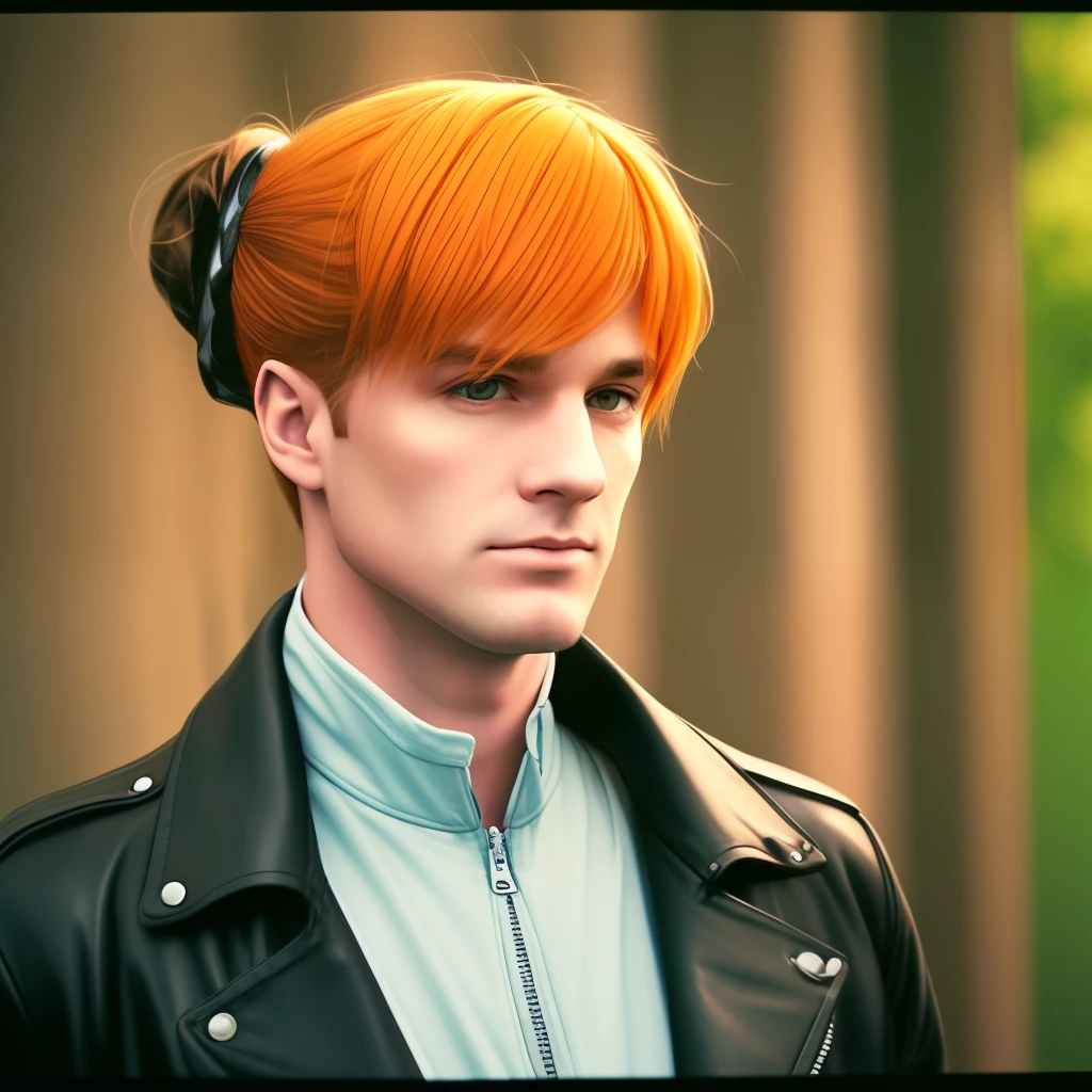 white man with orange hair, long hair with messy bun and fringe, black leather jacket and with hand bandages in the 1980s --auto --s2