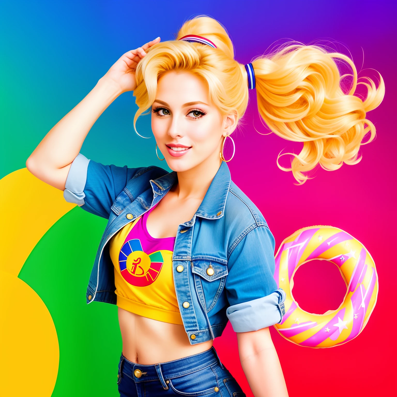 "(Mature and realistic portrayal:1.2) Sailor Moon exuding confidence as she holds a microphone, her blonde hair cascading down, adorned in stylish rainbow denim clothes from the 2000s, with a backdrop filled with donuts."