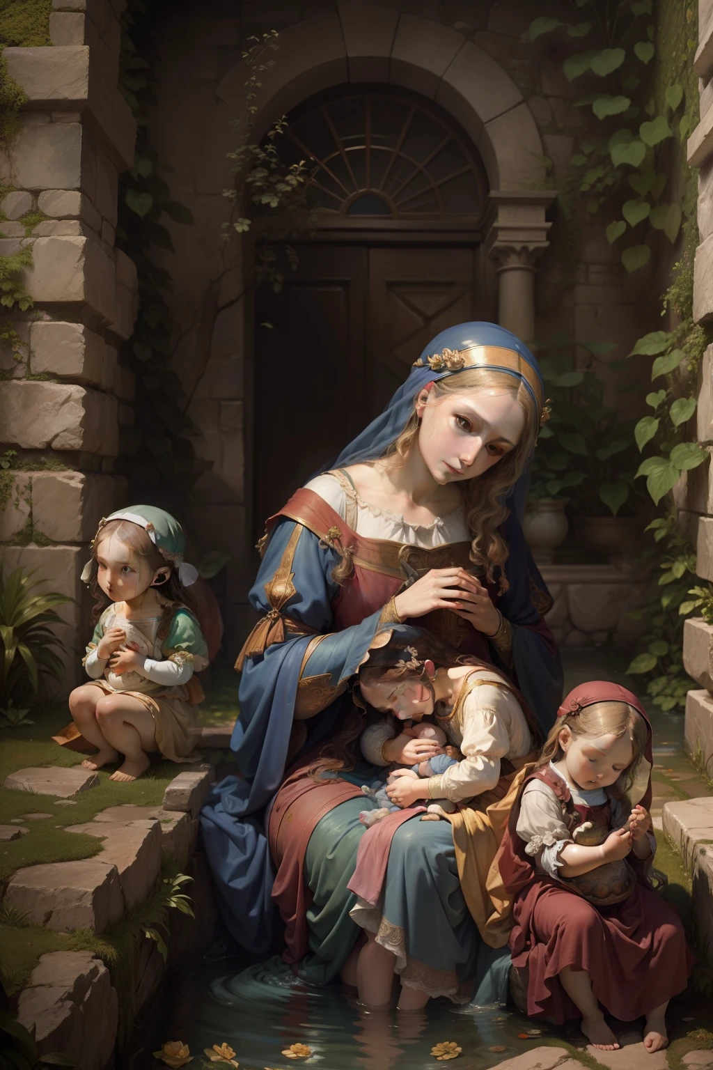 Leonardo Da Vinci water and stone, Madonna and child, deluge, gardens, and artist technique, 64k resolution, photorealism, hyper detail, artistic perfection