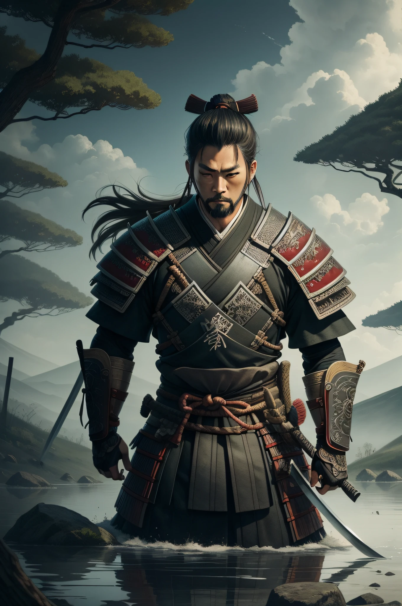 Images of tranquil scenery and natural elements interwoven with epic illustrations of samurai and their swords