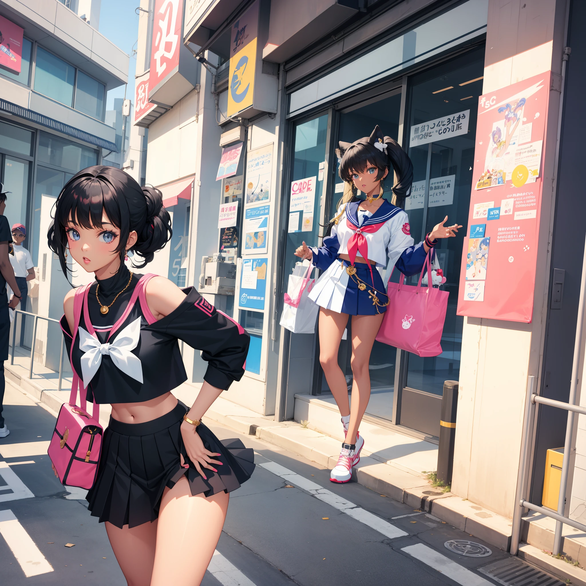 Black female sailor moon, anime, fashion, modern, street wear, model in a cool pose