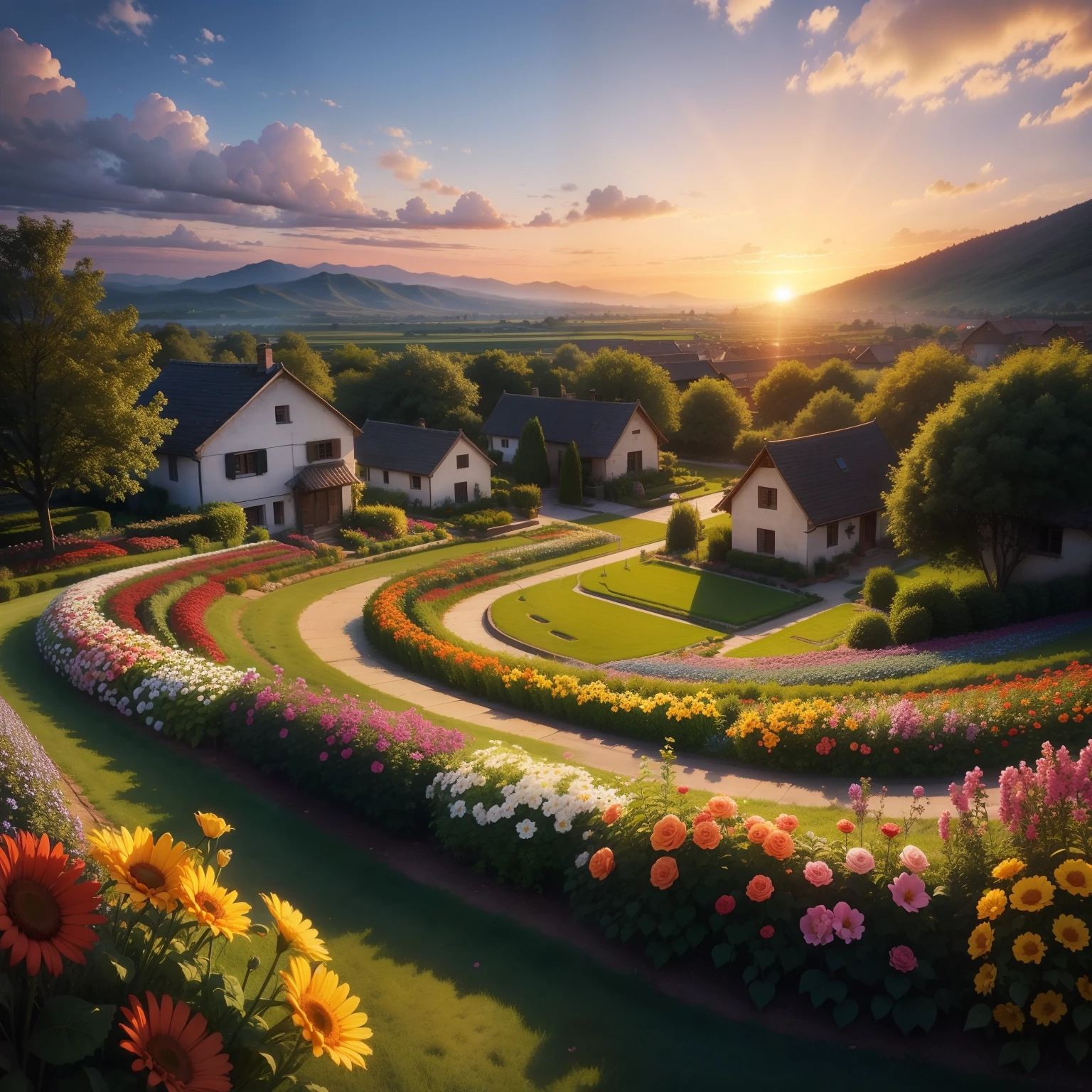 Beautiful flower garden and Sunset , small Village